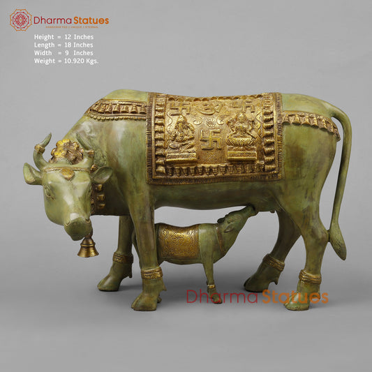 Brass Cow with Calf, Green Patina & Golden Finish, 12"