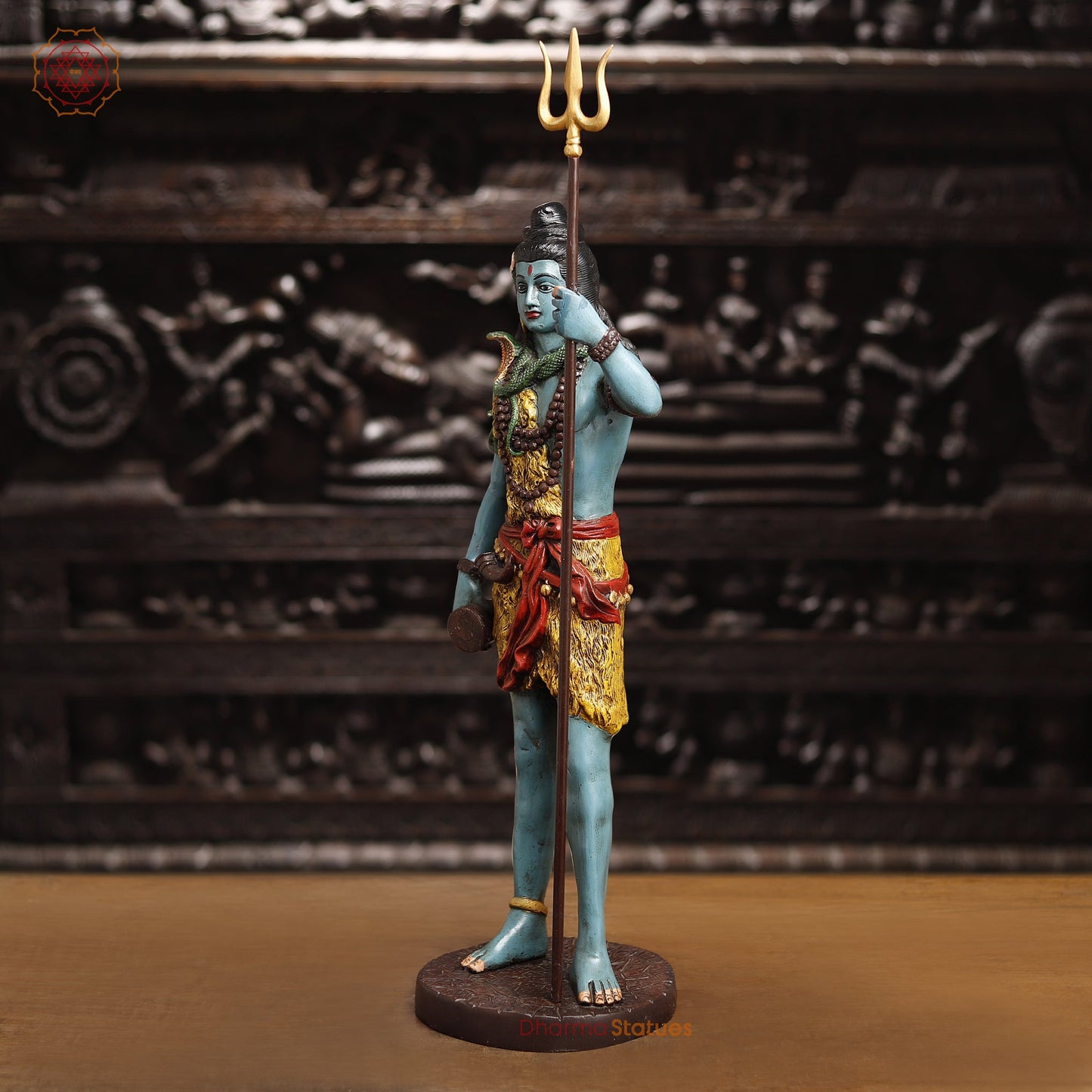Brass Lord Shiva Statue, Shiva Standing Holding Trident, colorful texture 26" side view