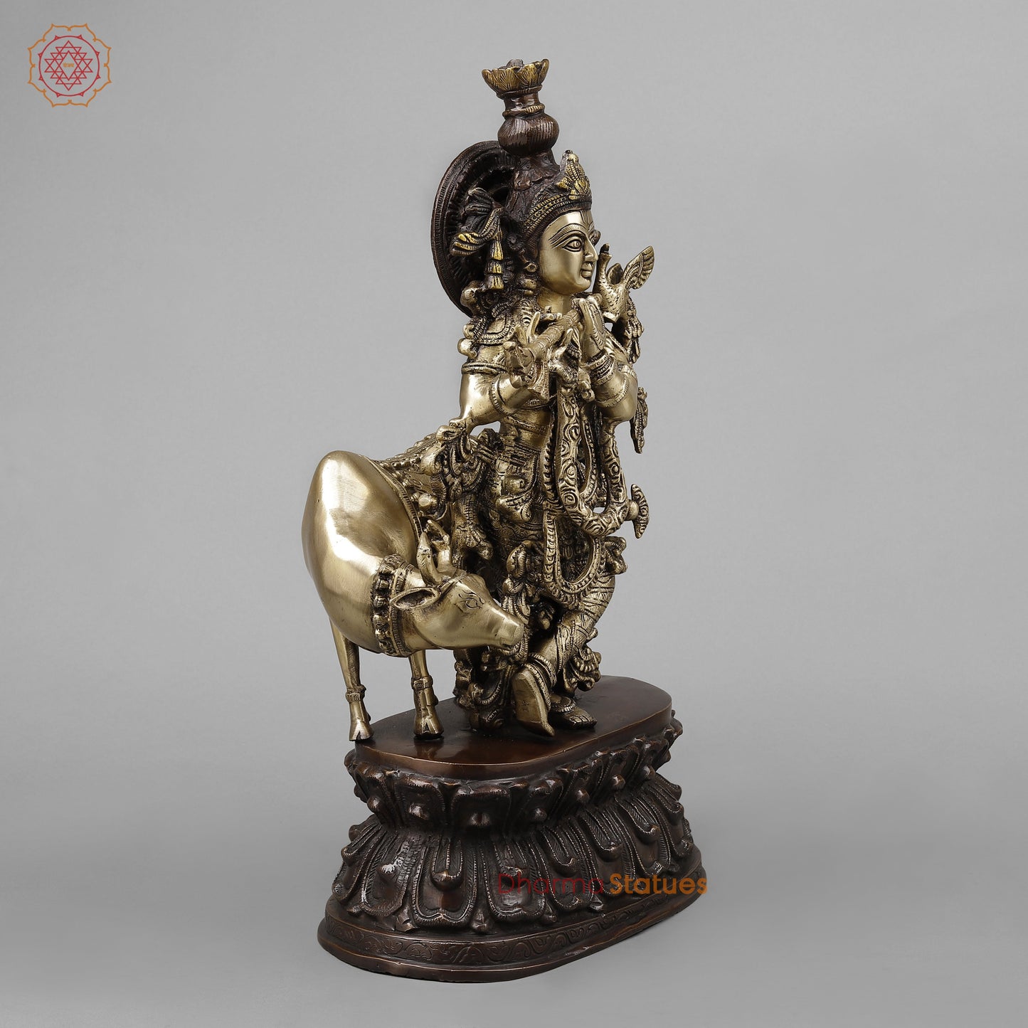 Brass Krishna Playing Flute with Cow, Golden & Copper Finish, 21"
