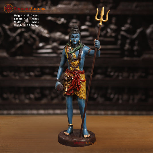 Brass Lord Shiva Statue, Shiva Standing Holding Trident, colorful texture 19" front view