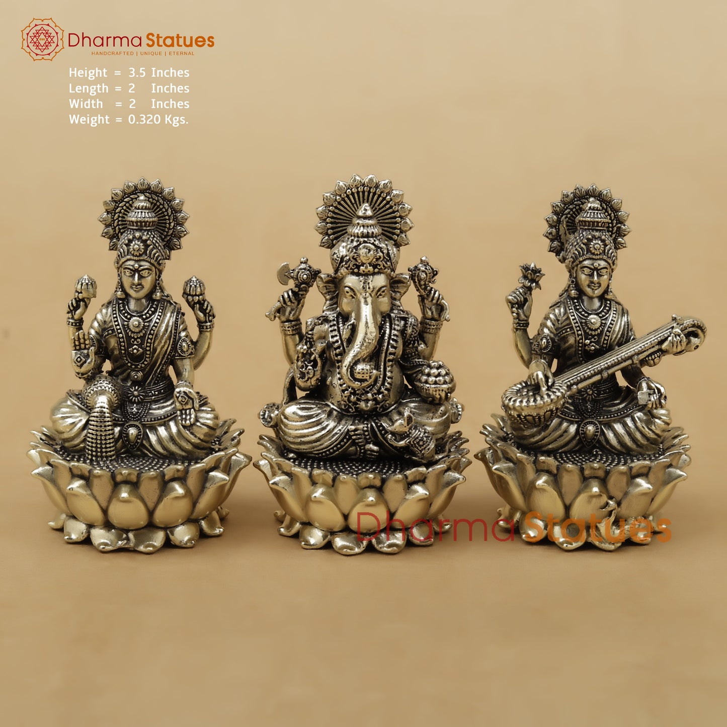 Brass Lakshmi Ganesh Saraswati Fine, 3.5"
