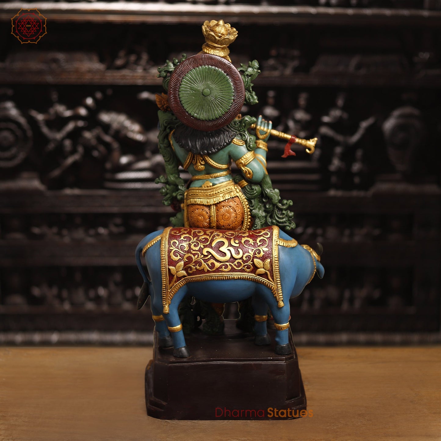 Brass Lord Krishna Statue With Cow, Playing Flute, Colorful Finish, 28.5"