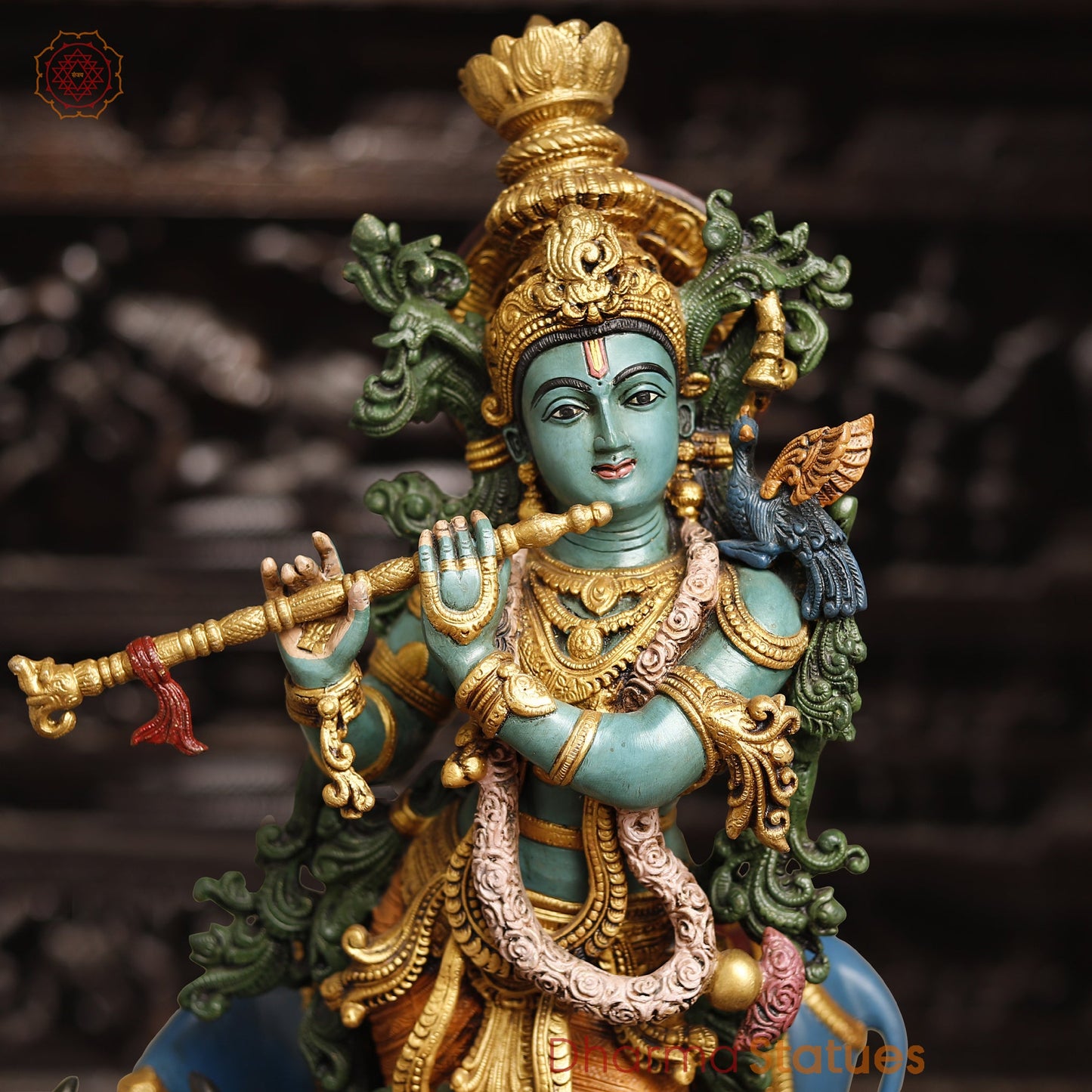 Brass Lord Krishna Statue With Cow, Playing Flute, Colorful Finish, 28.5"