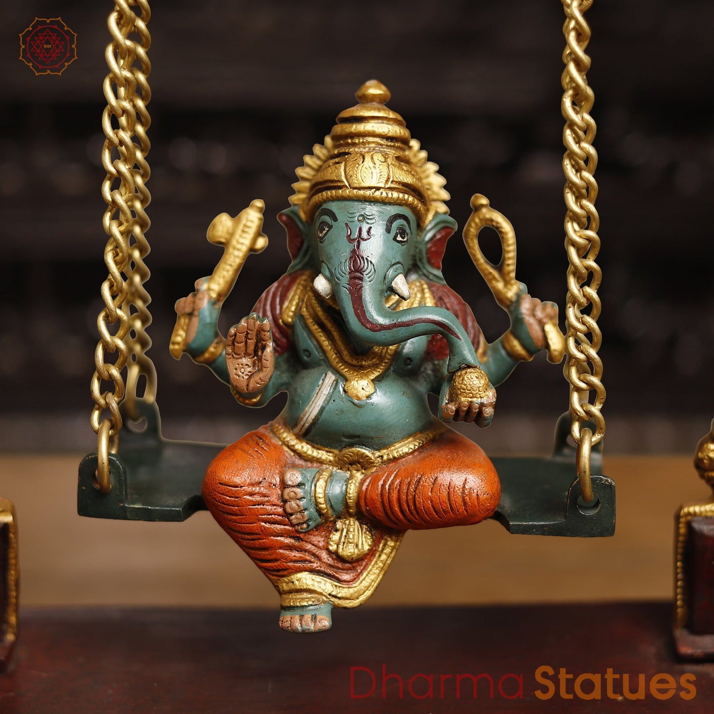 Brass Lord Ganesh Idol, Ganesha on a Swing, Colorful 15"