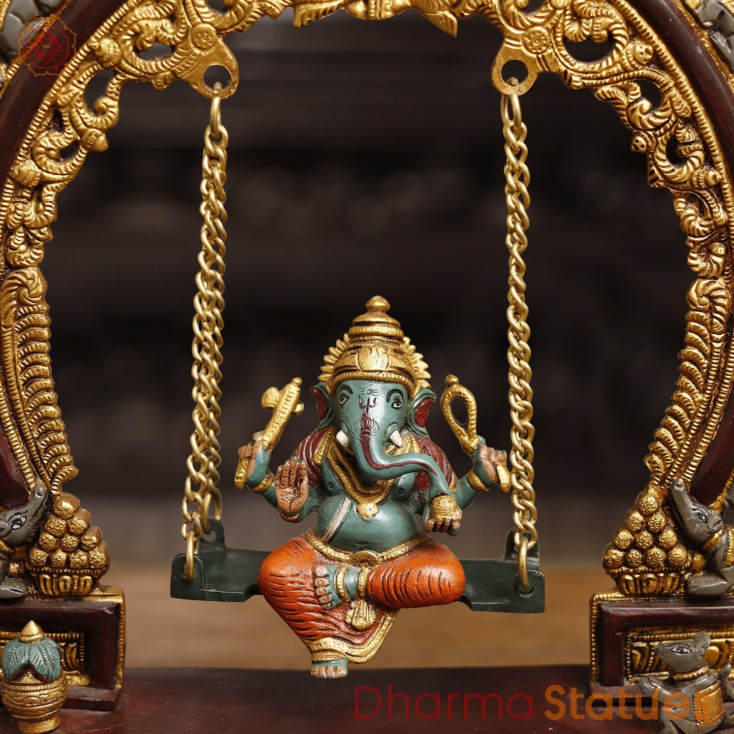 Brass Lord Ganesh Idol, Ganesha on a Swing, Colorful 15"