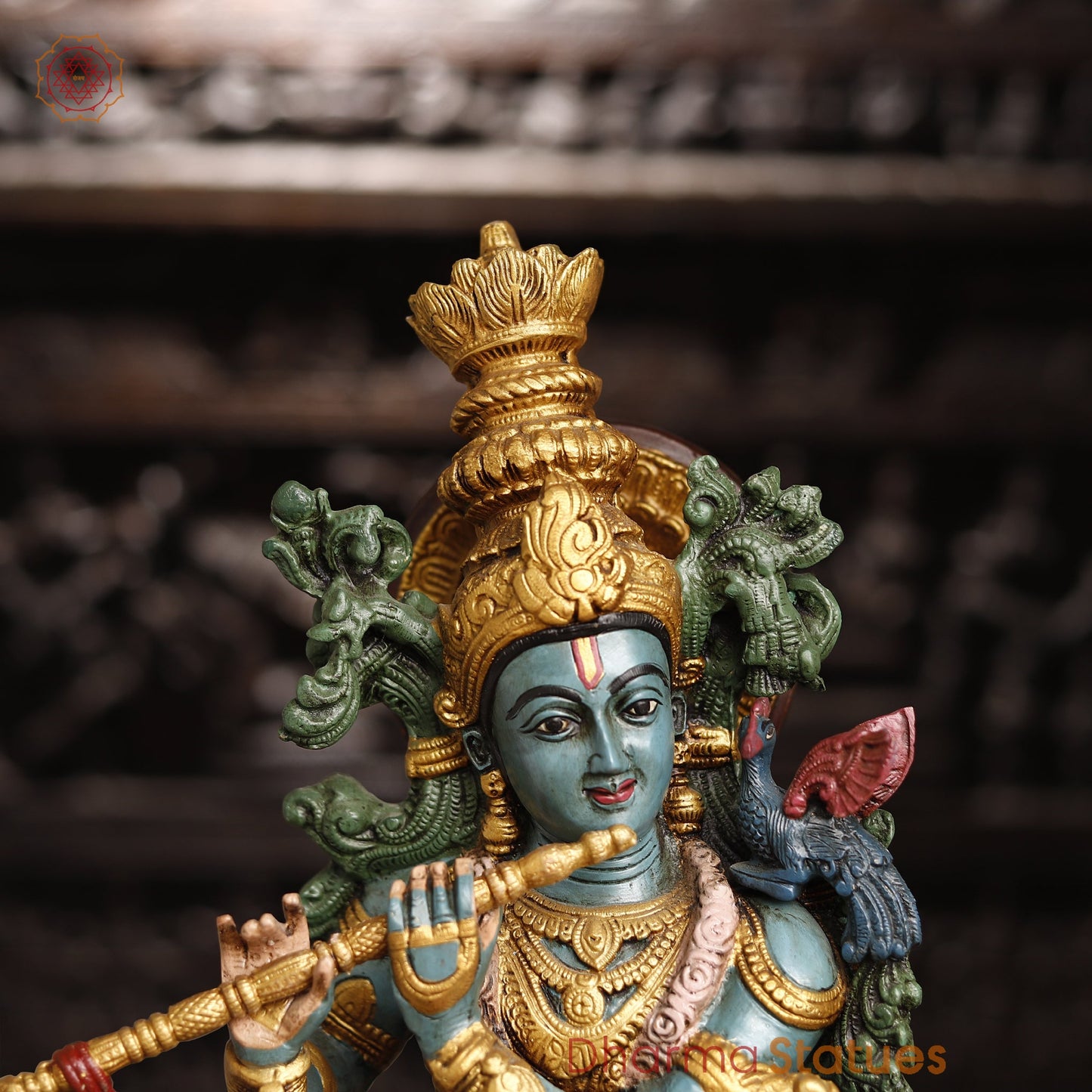 Brass Krishna Brass Statue, Playing Divine Flute colorful Finish, 32"