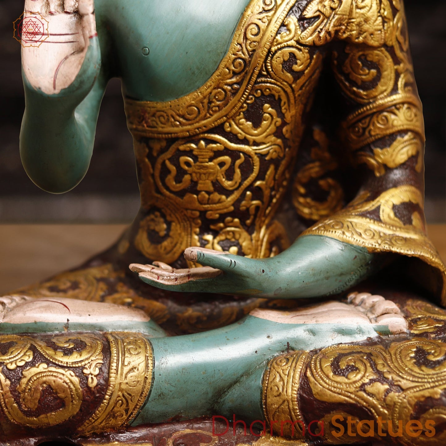 Brass Handcrafted Buddha Idol in Blessing Posture, colorful Finish, 18"