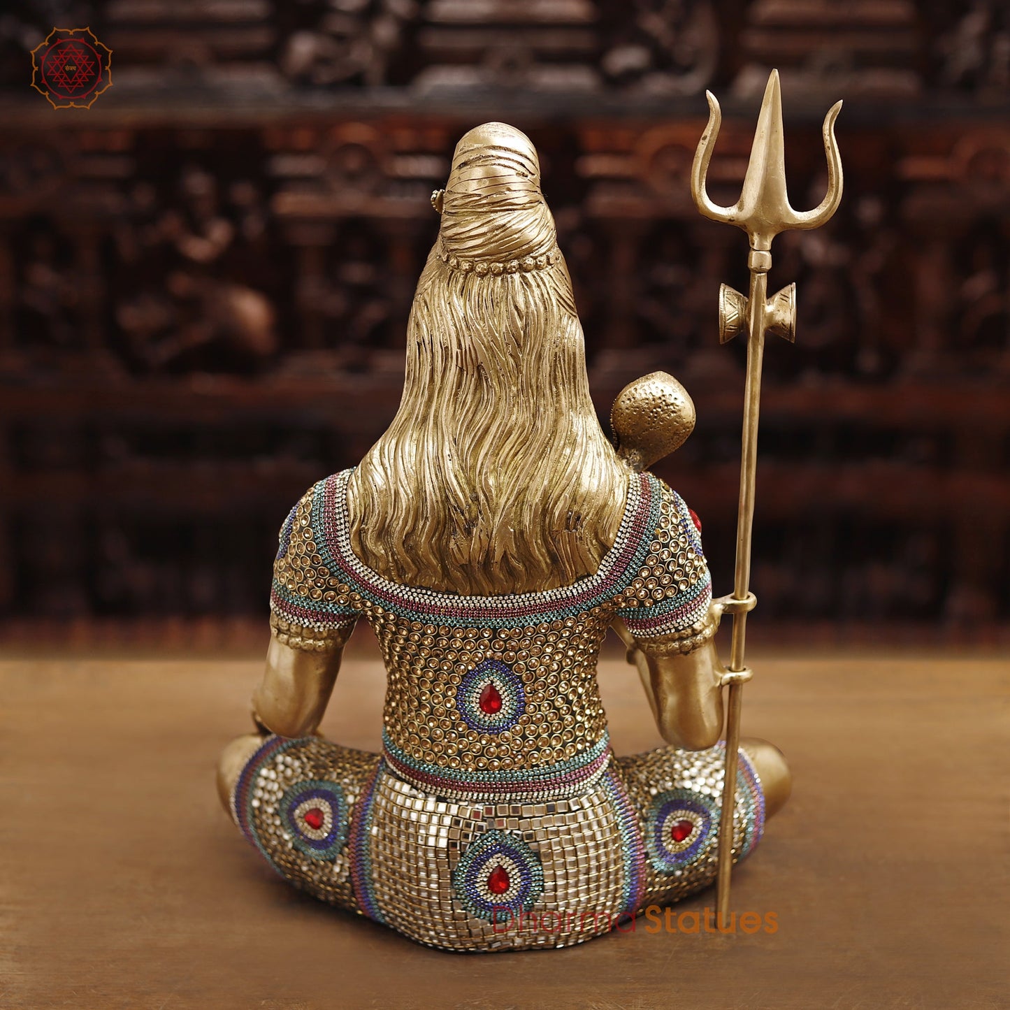 Brass Lord Shiva Idol, Shiva in a Blessing Posture, Golden and Stone work 22" back view