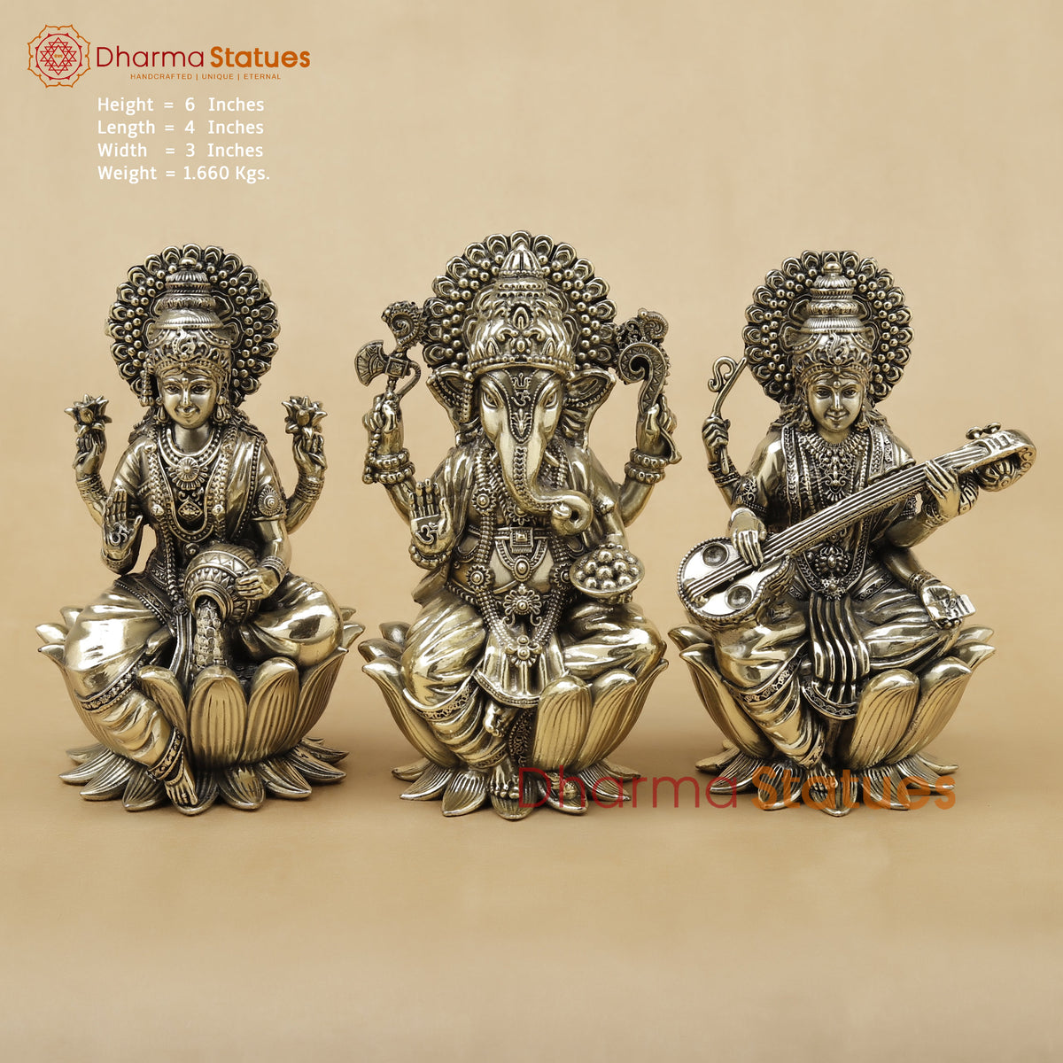 Brass Lakshmi Ganesh Saraswati Fine, 6"