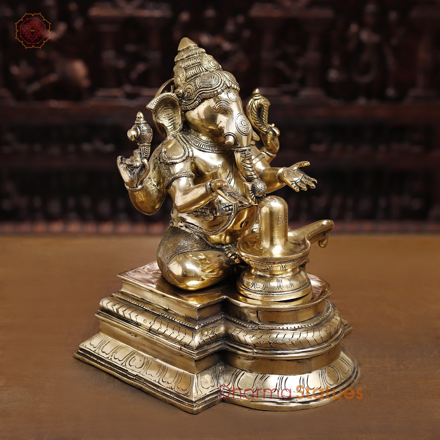 Brass Lingam Ganesh Statues, Golden Fine Finish, 14.5"