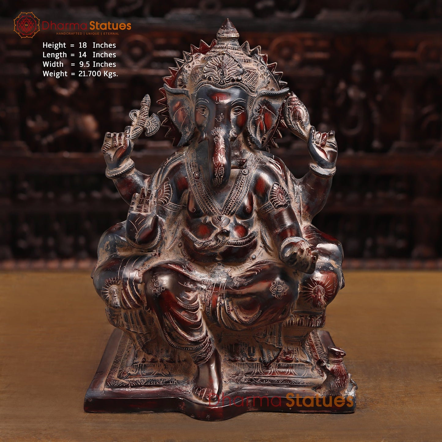 Brass Lord Ganesha Idol, Sitting on pedestal, Copper Fine Finish 18" Front View