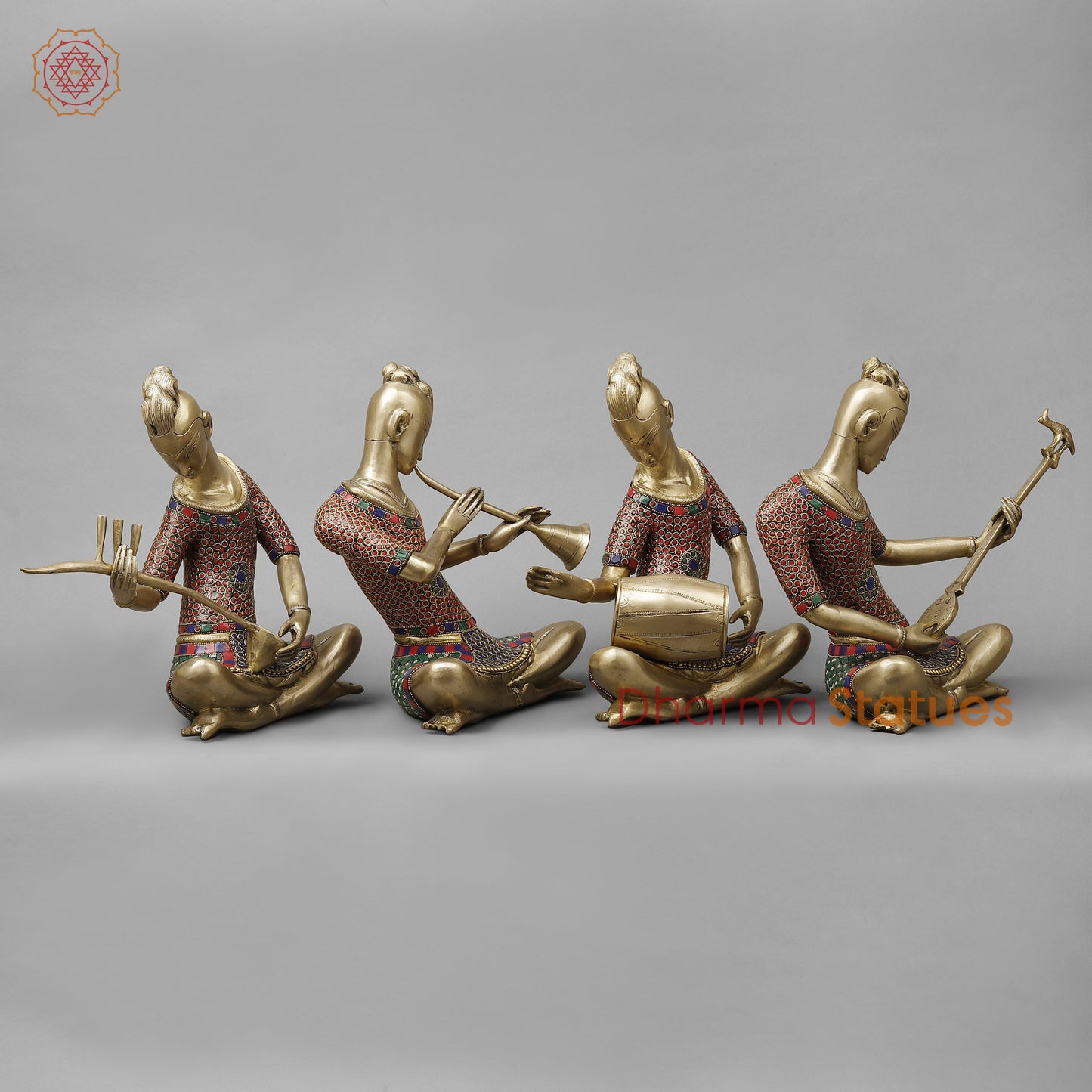 Brass Thai Musicians, Smooth Finish with Stonework, 13"