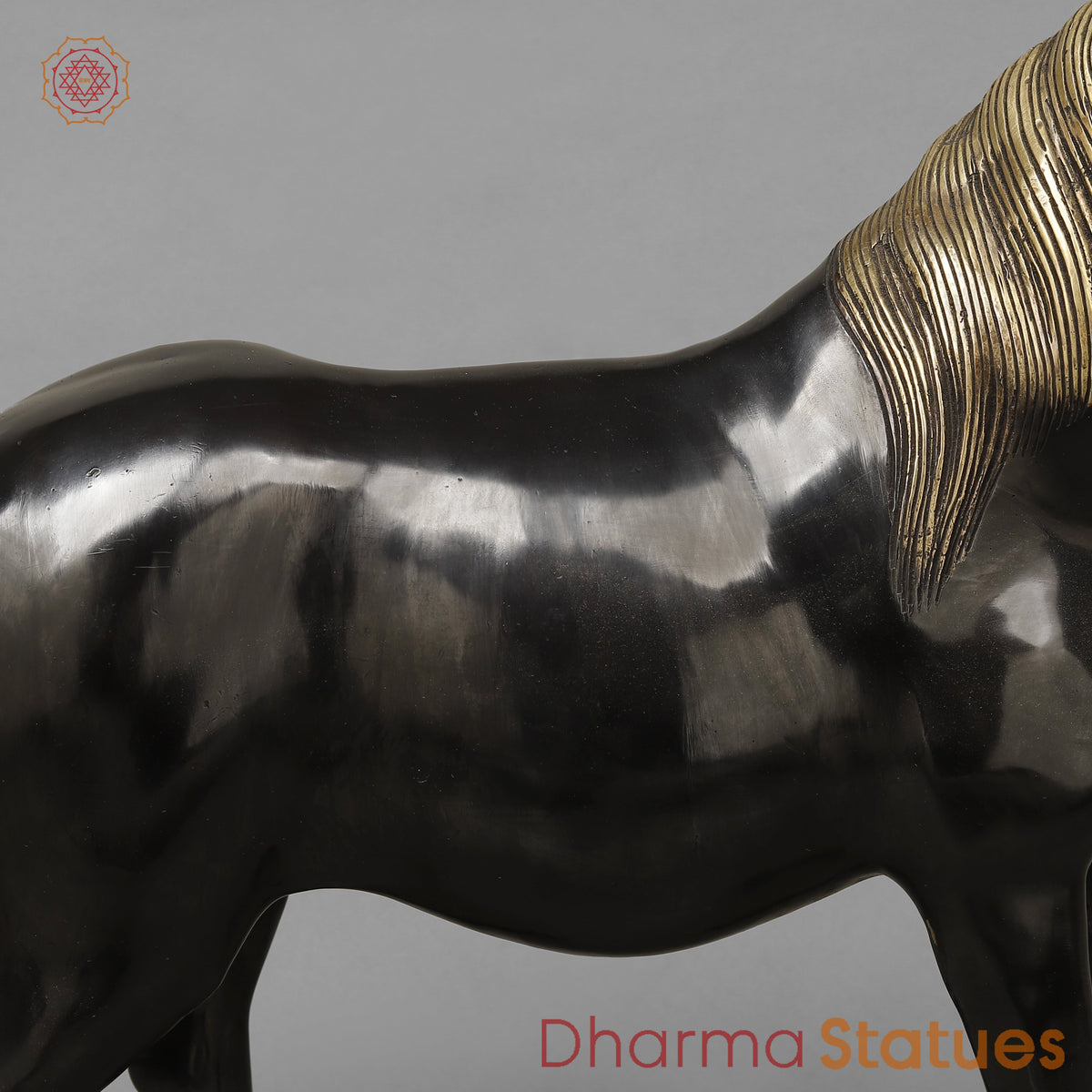 Brass Horse Standing, Black Patina & Golden Finish, 18.5"