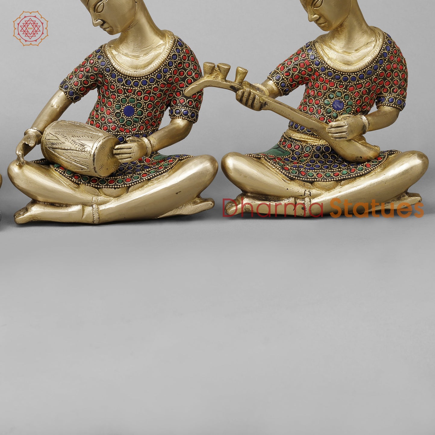 Brass Set of Four Thai  Musicians Seated, Smooth Finish with Stonework, 9"