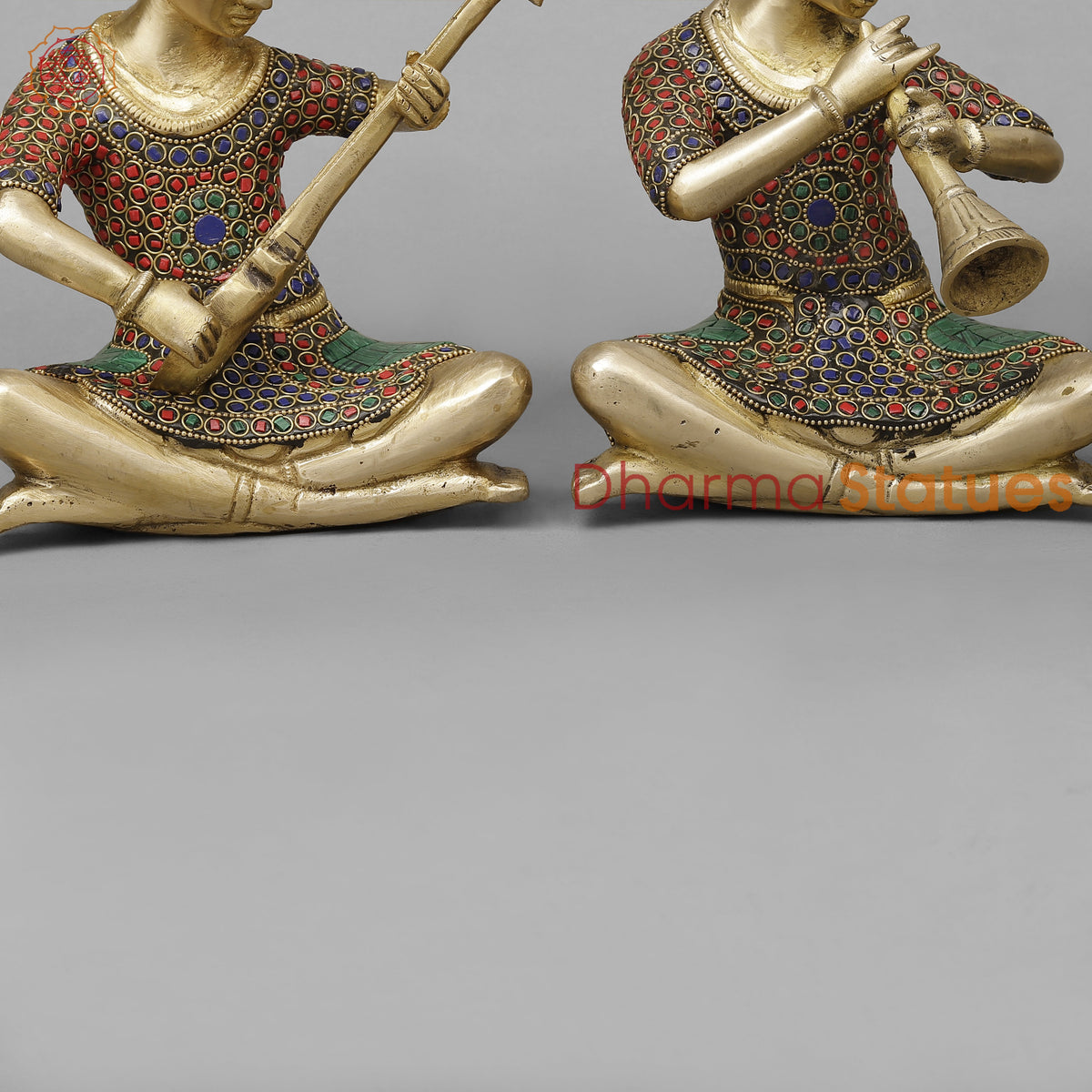 Brass Set of Four Thai  Musicians Seated, Smooth Finish with Stonework, 9"