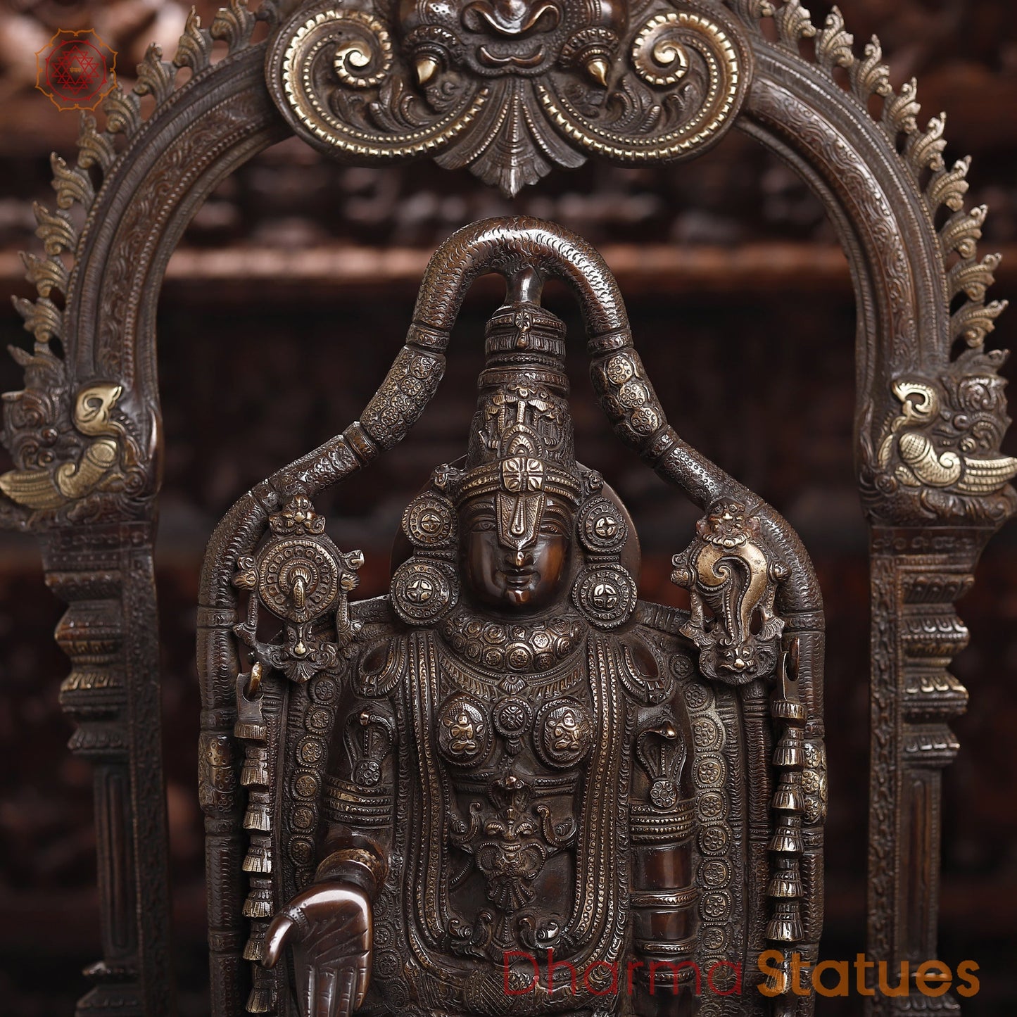 Brass Tirupati Balaji Statue, Standing Prabhavali Frame, Antique Finish 36"
