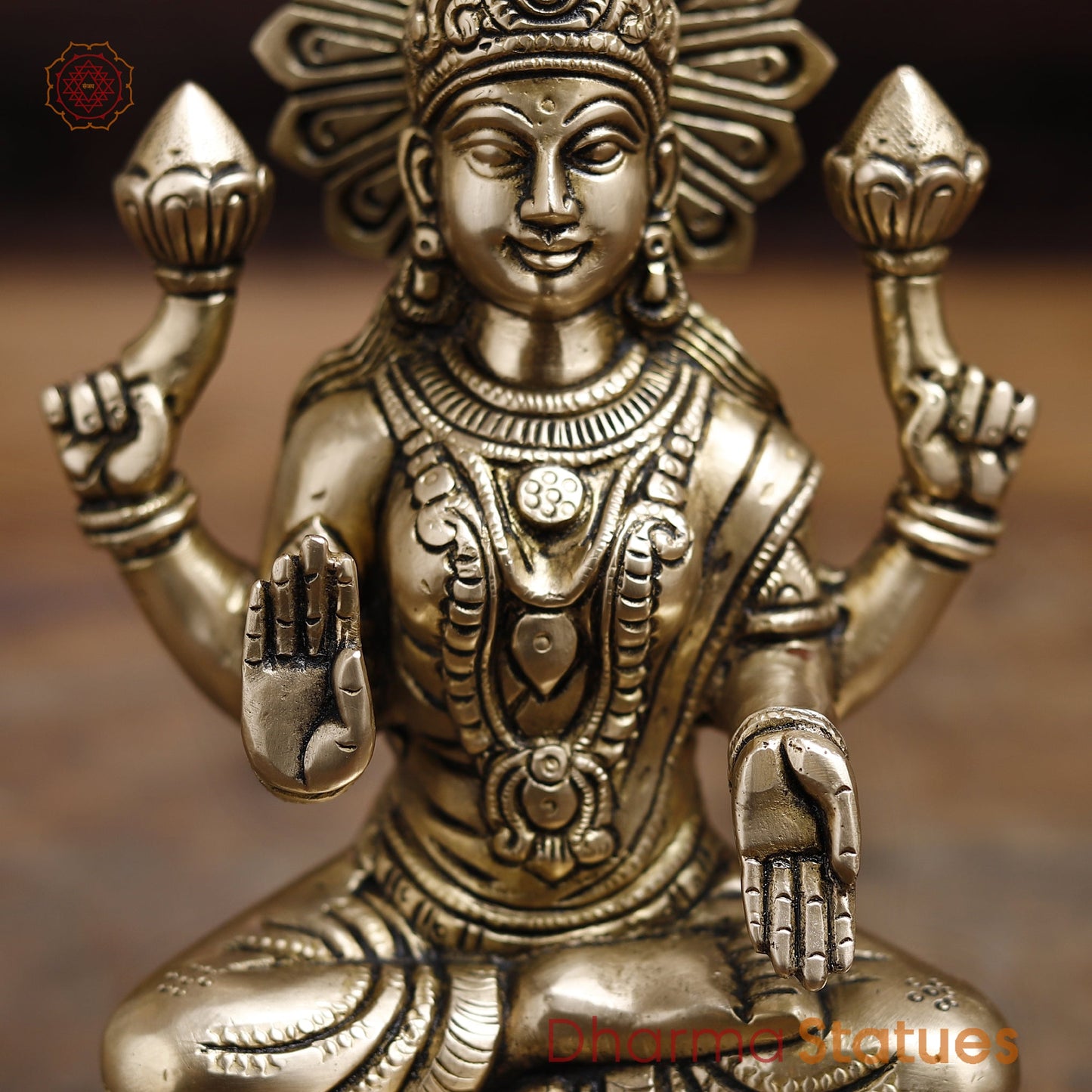 Goddess Lakshmi Brass Idol, Lotus Base, Goddess of Fortune, Golden Fine Finish 8"