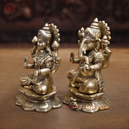 Lakshmi Ganesh Brass Idol, Divine Duo of Wealth and Success, Golden Fine Finish 8.5"
