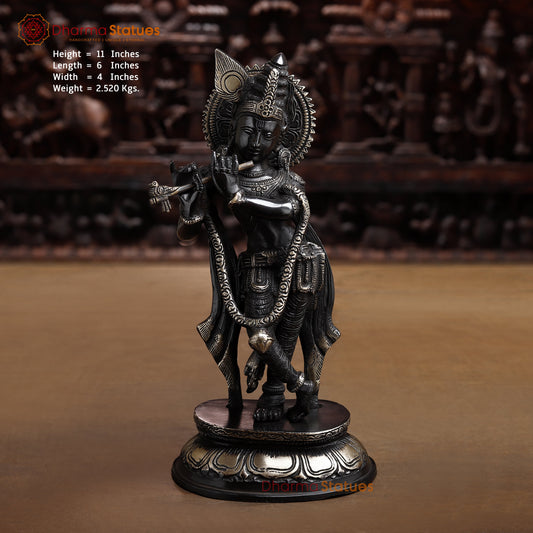 Brass Krishna Playing Flute, Black Patina & Golden Finish, 11"