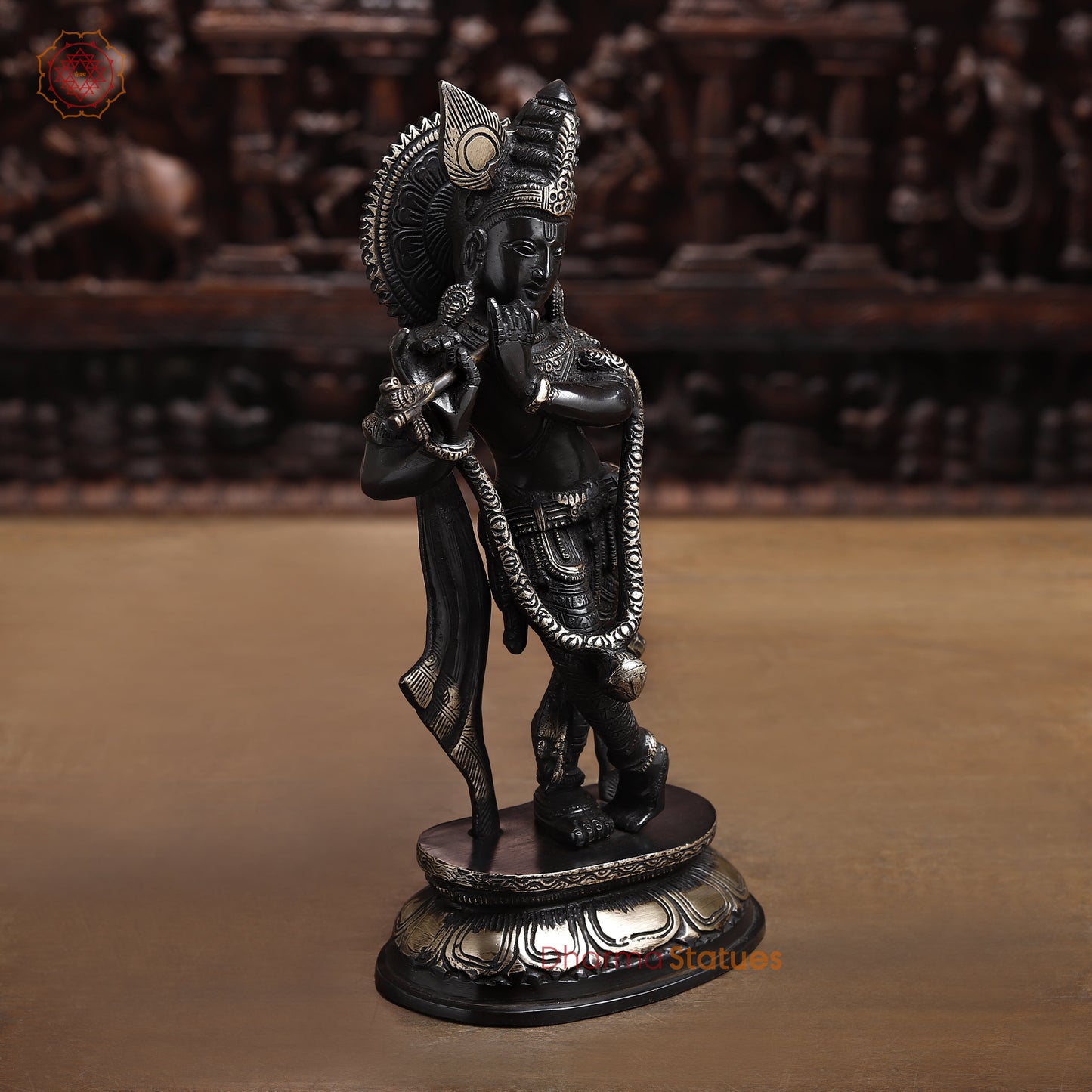 Brass Krishna Playing Flute, Black Patina & Golden Finish, 11"