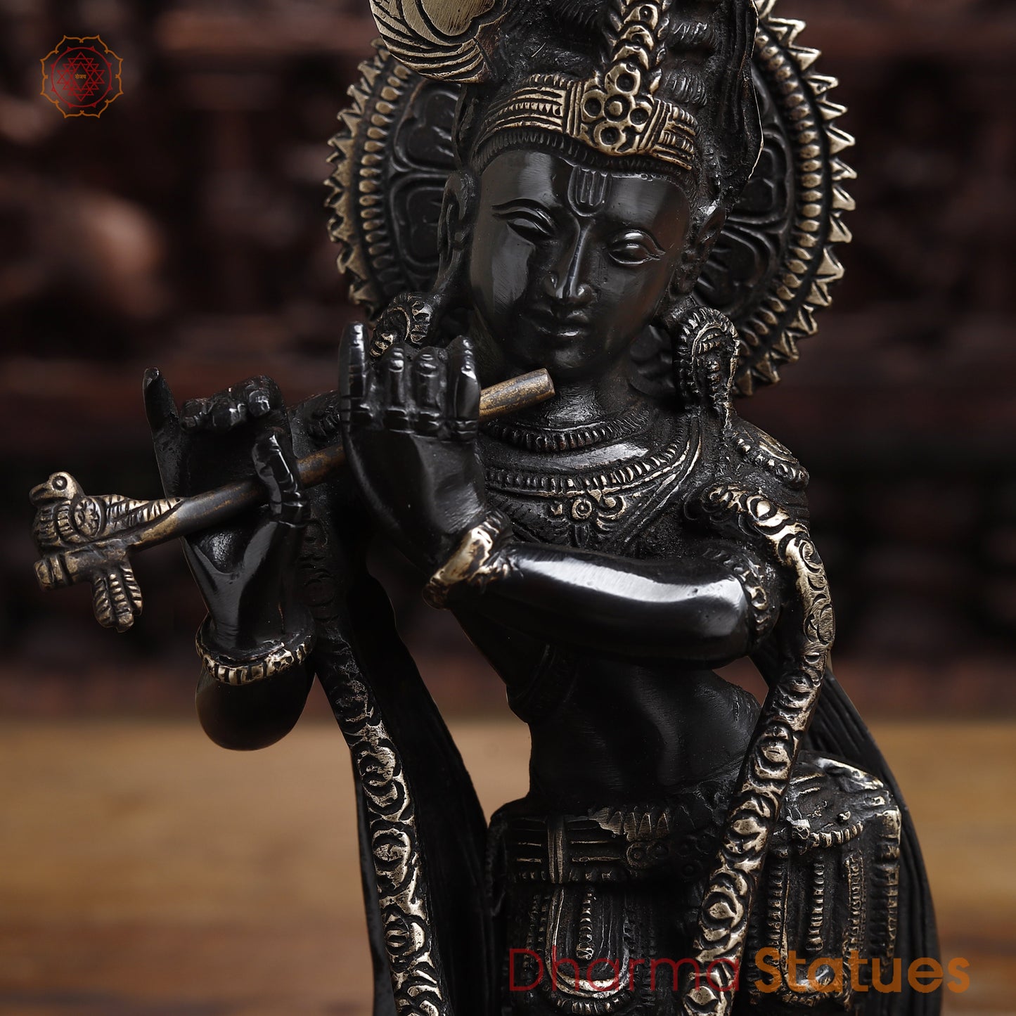 Brass Krishna Playing Flute, Black Patina & Golden Finish, 11"