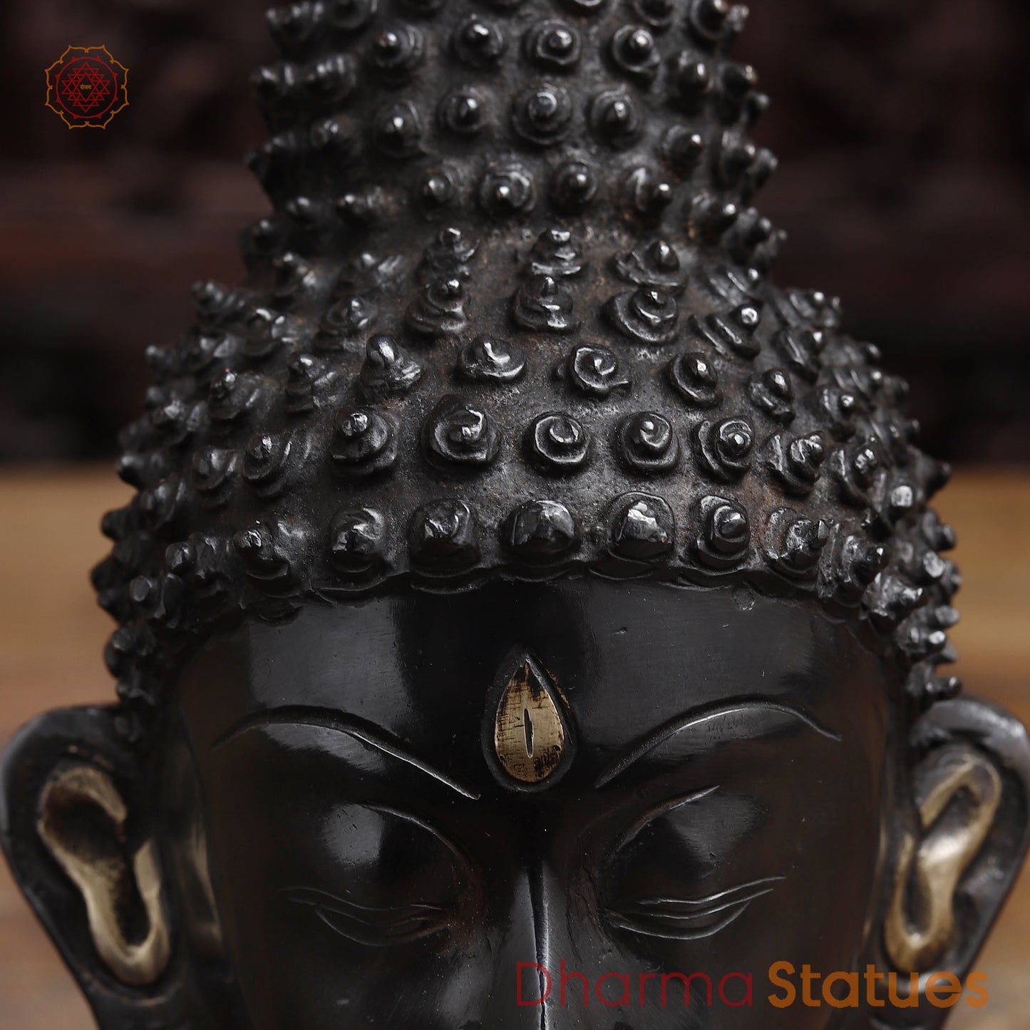 Brass Buddha Head, Black Patina & Golden Finish, 8.5"