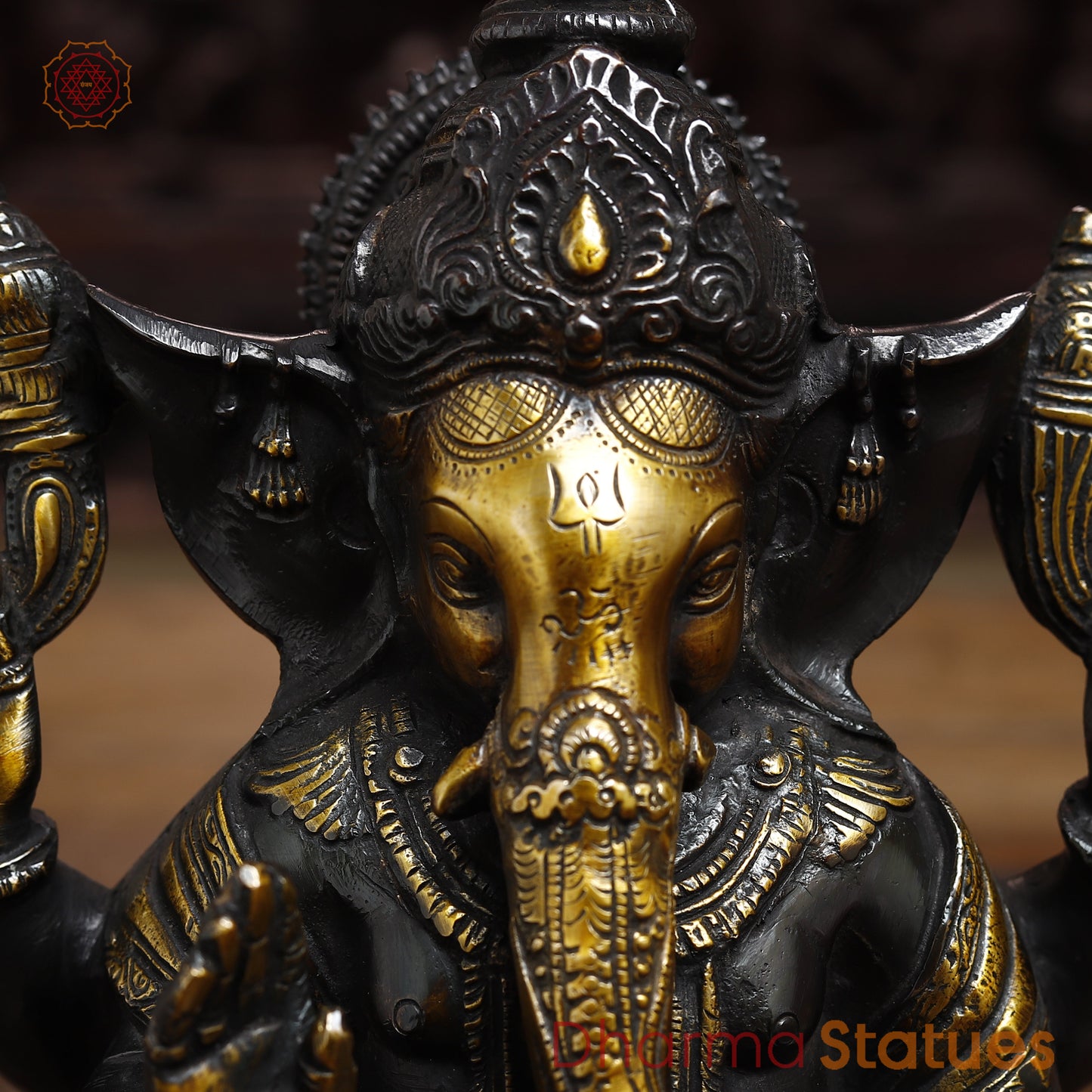 Brass Ganesh seated in Blessing Posture, Golden & Black Patina, 8.5"