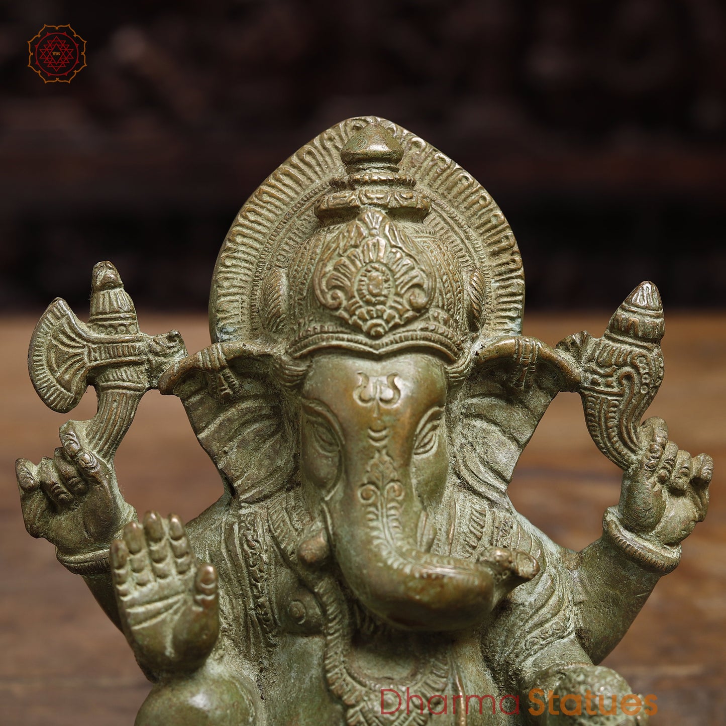 Brass Ganesh seated in Blessing Posture, Fine Green, 6"
