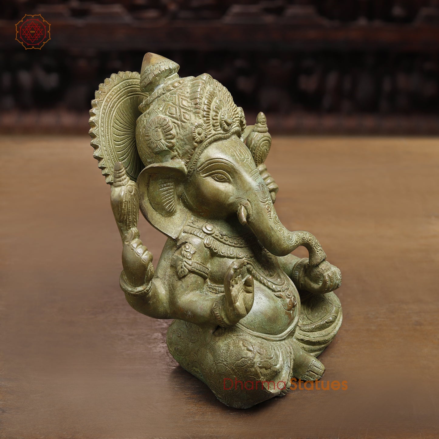 Brass Ganesh seated in Blessing Posture, Fine Green Finish, 8"