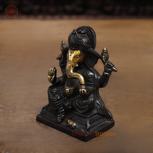 Brass Ganesh seated in Blessing Posture, Black Patina & Golden Finish, 5"