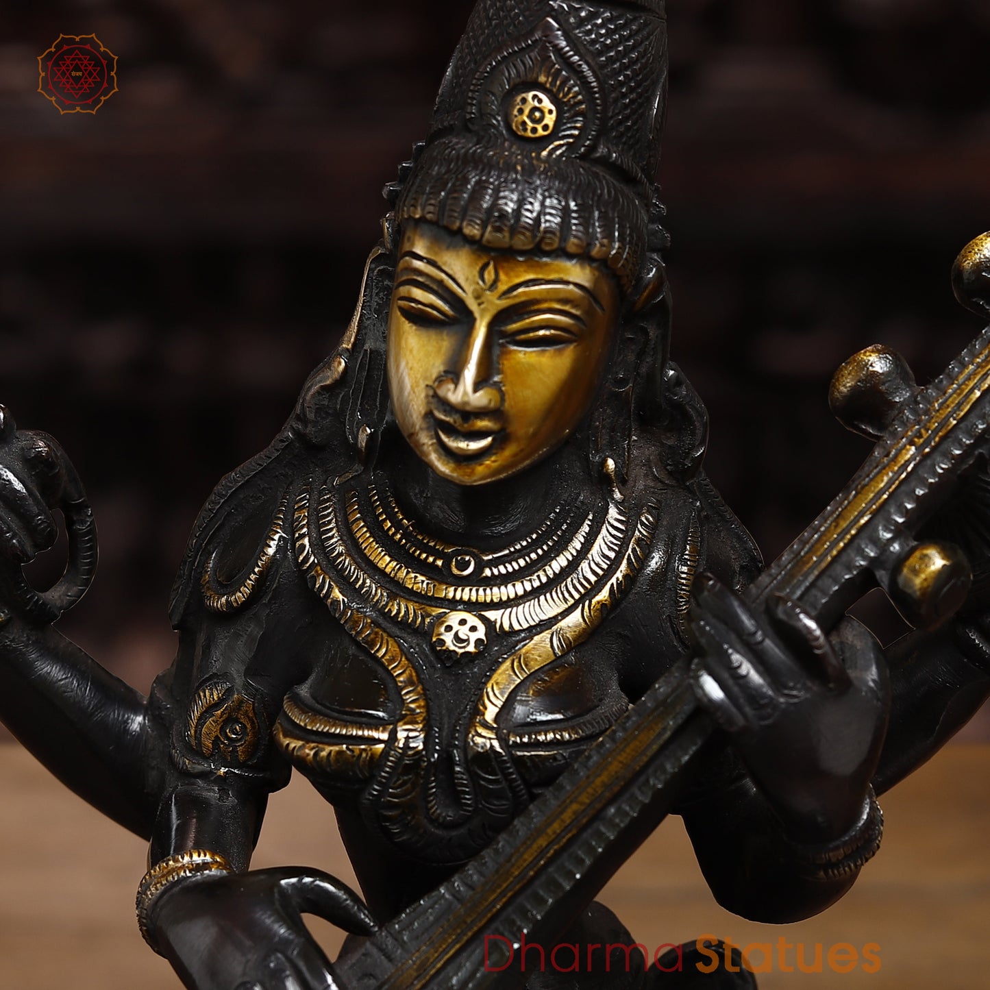 Brass Saraswati, Black Patina & Golden Finish, 12.5"