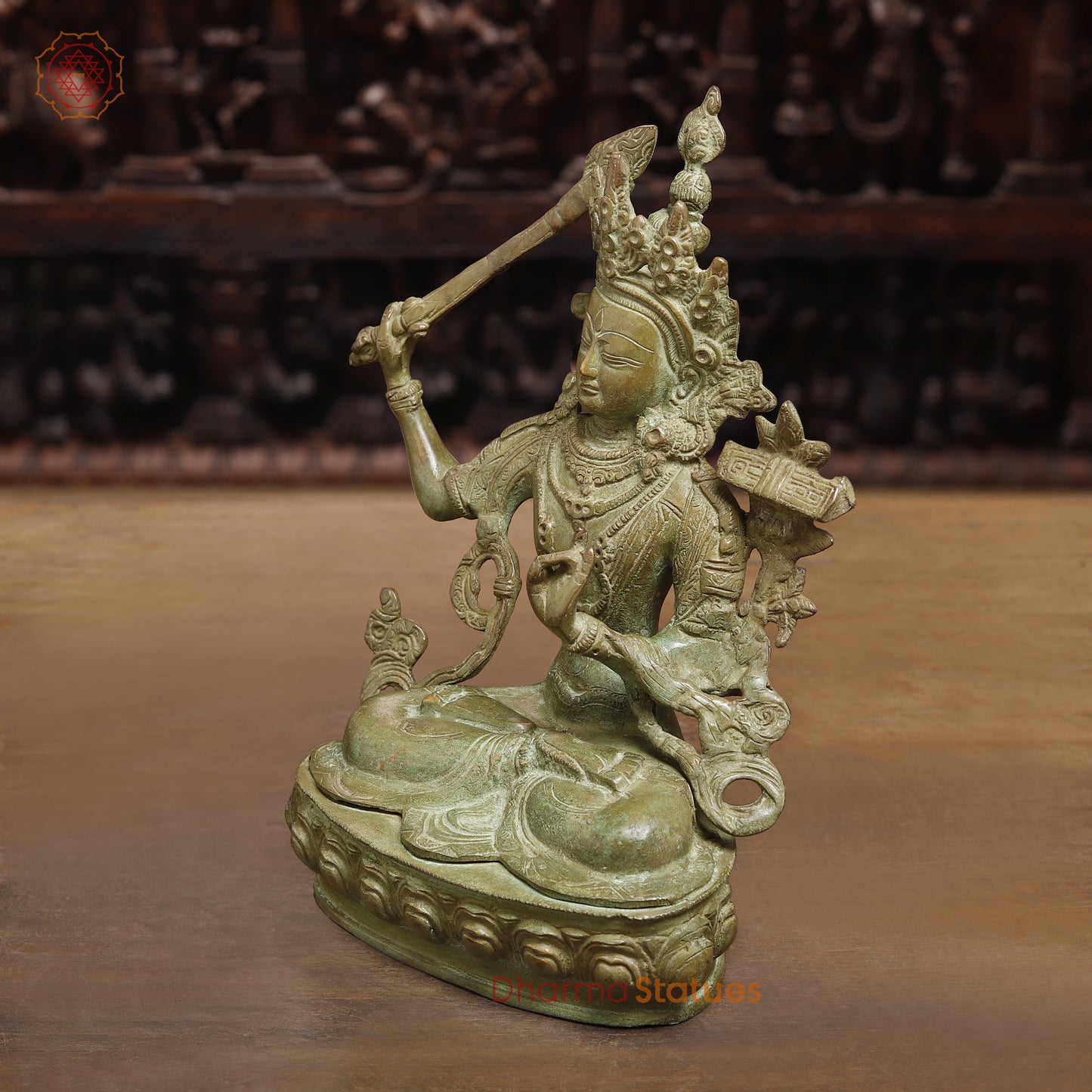 Brass Tibetan Buddhist Deity Manjushri, Fine Green Finish, 12"