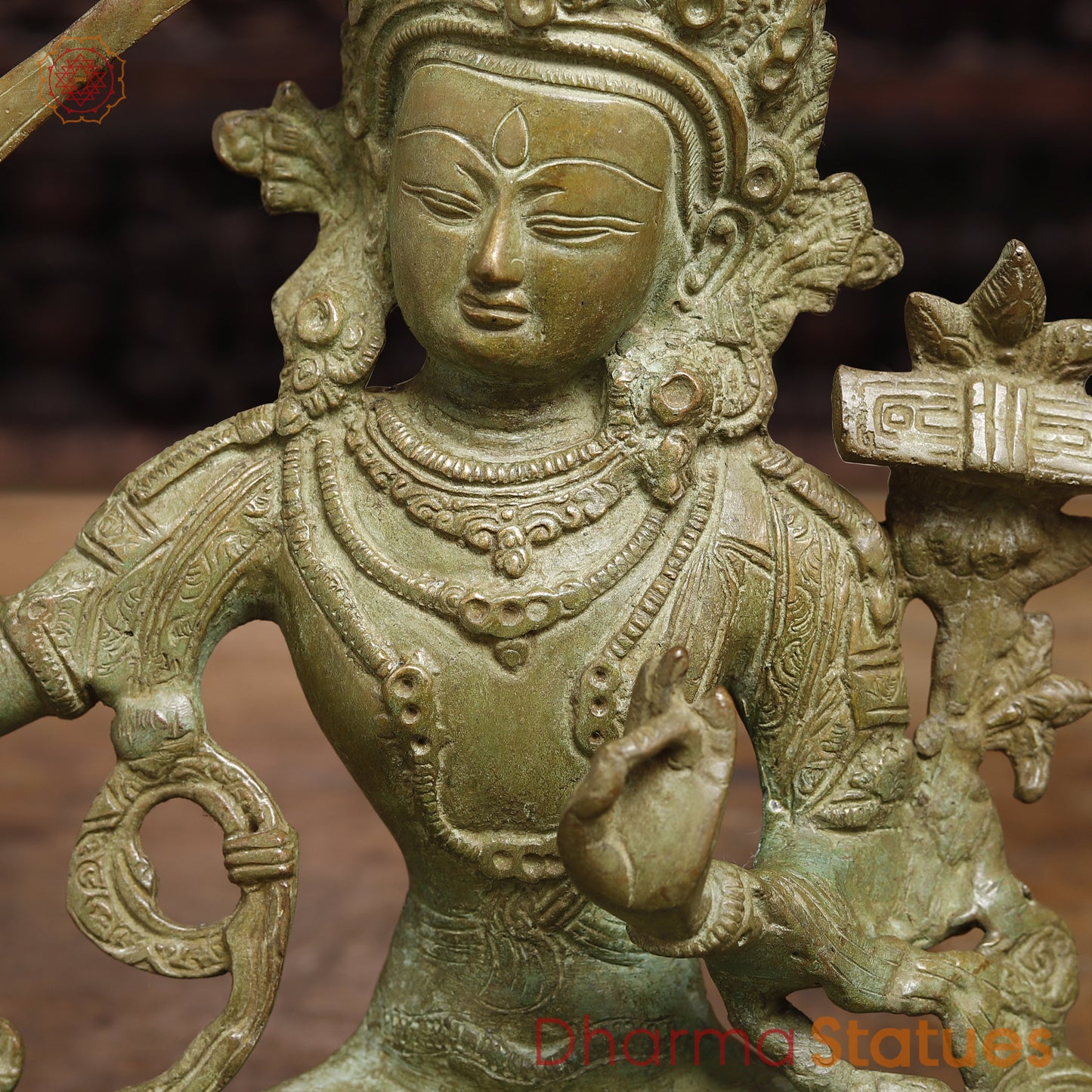 Brass Tibetan Buddhist Deity Manjushri, Fine Green Finish, 12"
