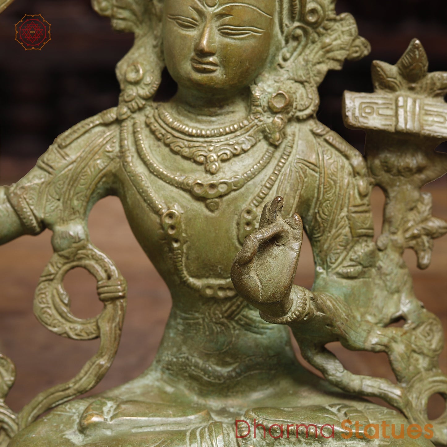 Brass Tibetan Buddhist Deity Manjushri, Fine Green Finish, 12"
