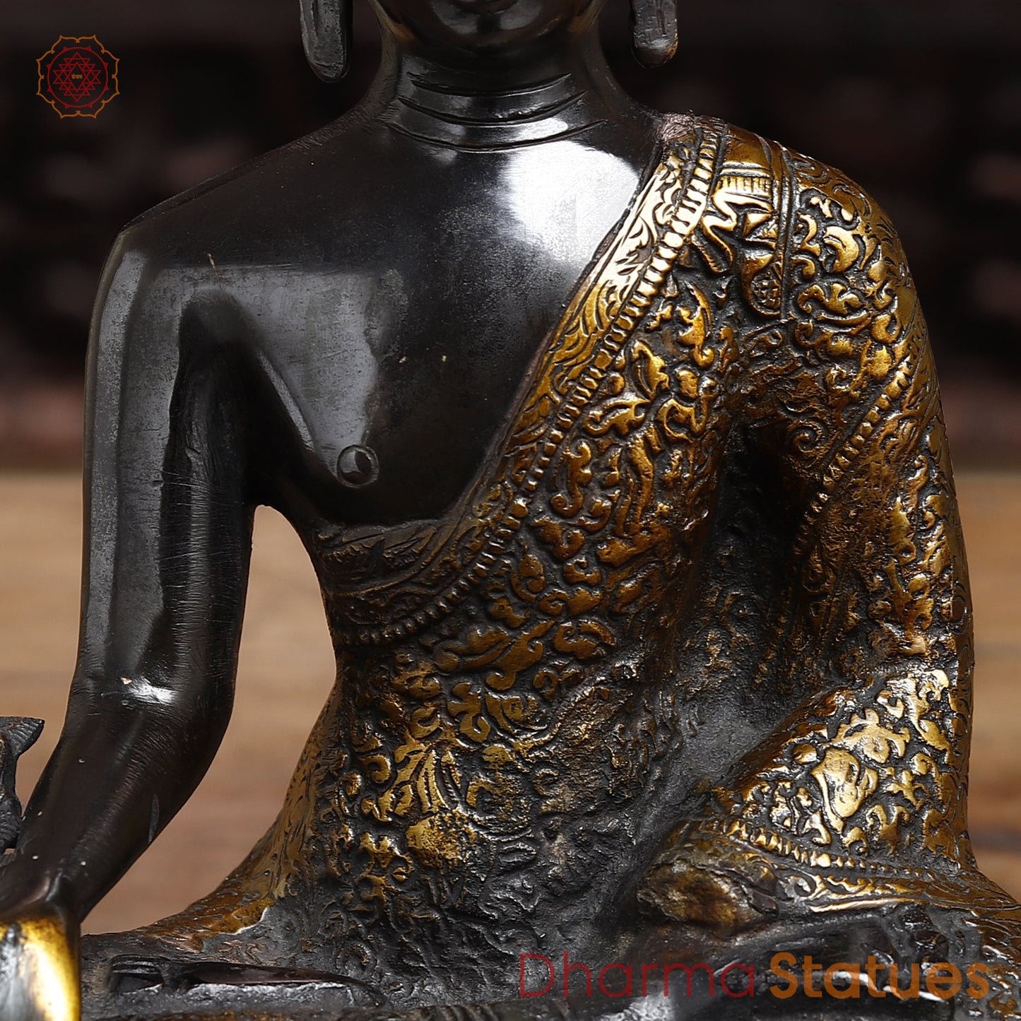 Brass Buddha seated, Black Patina & Golden Finish, 11"