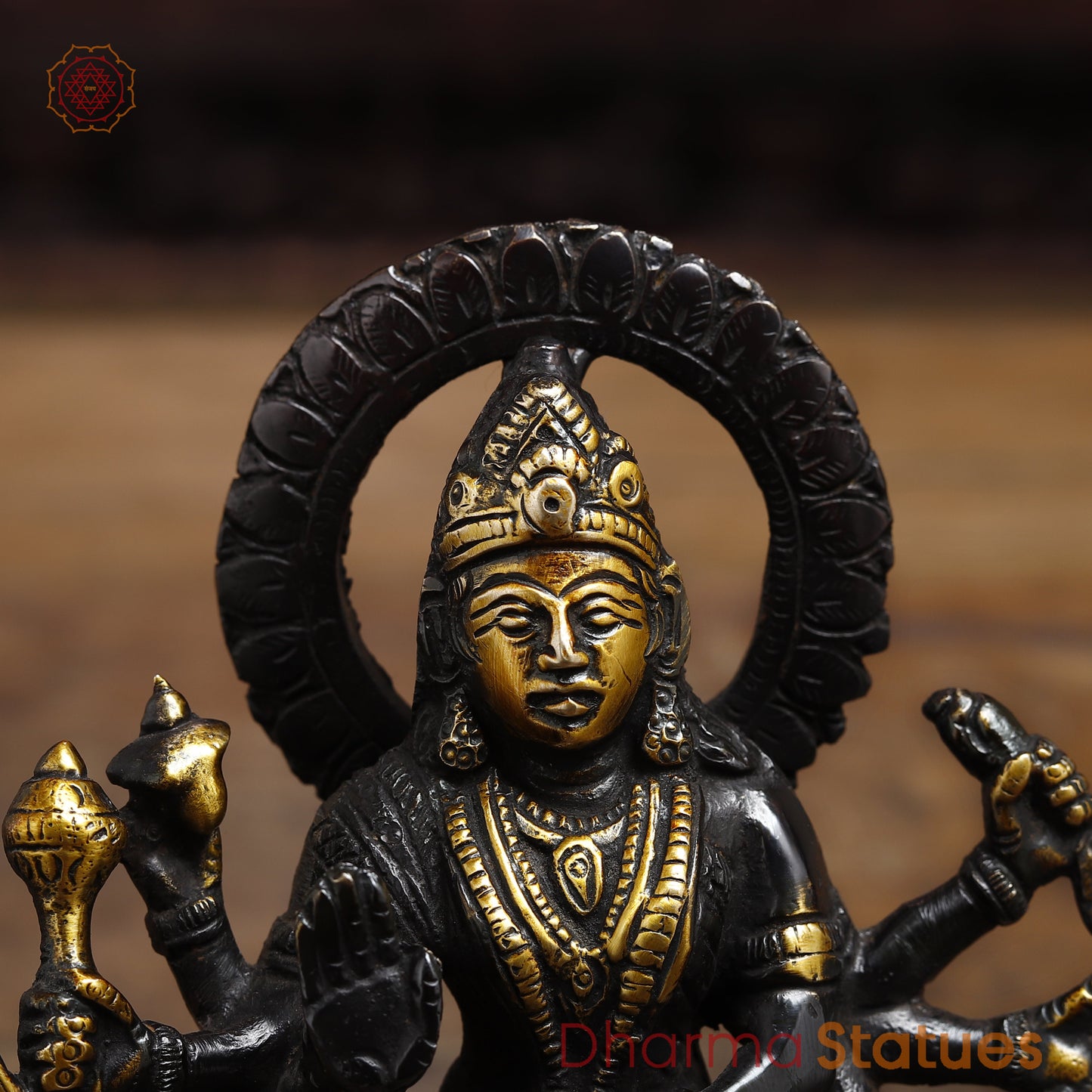 Brass Durga Seated on a Lion, Black Patina & Gold Finish, 6"