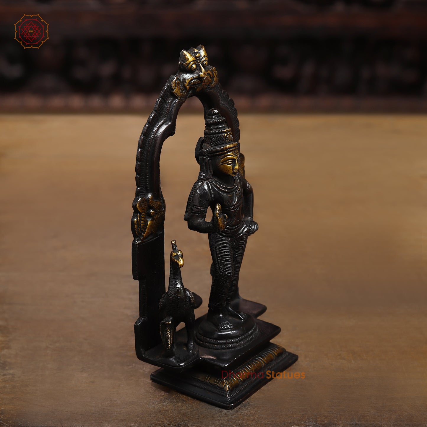 Brass Kartikeya in Blessing Posture, Black Patina & Gold Finish, 7.5"