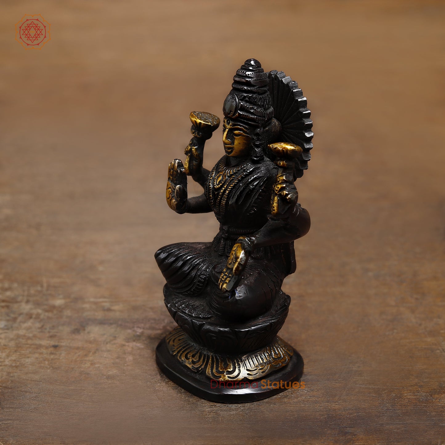 Brass Lakshmi seated in Blessing Posture, Black Patina & Golden Finish, 4.5"