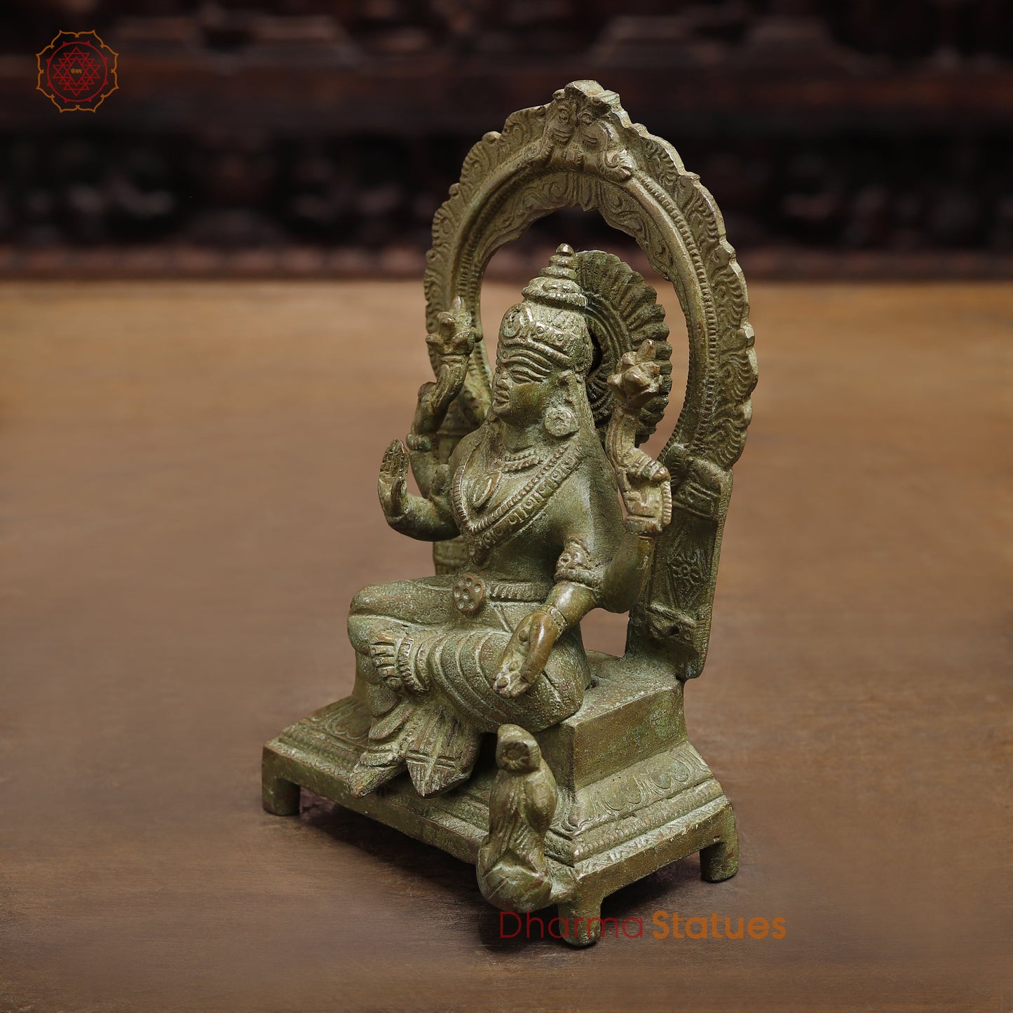 Brass Lakshmi seated in Blessing Posture, Green Patina Finish, 7.5"