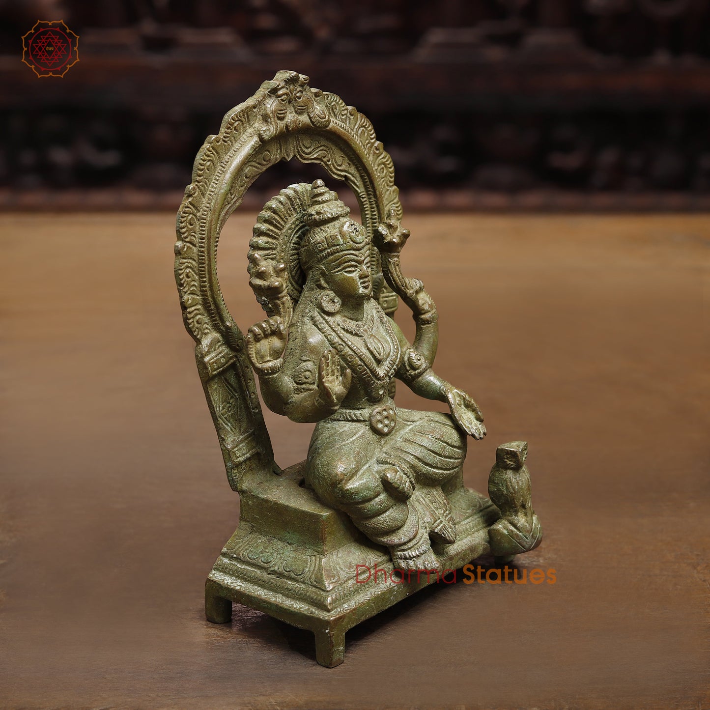 Brass Lakshmi seated in Blessing Posture, Green Patina Finish, 7.5"