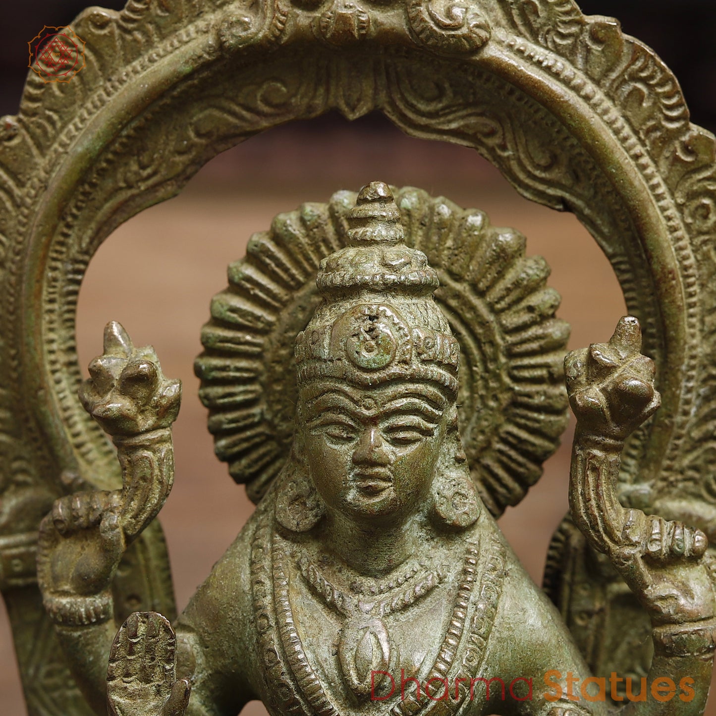 Brass Lakshmi seated in Blessing Posture, Green Patina Finish, 7.5"