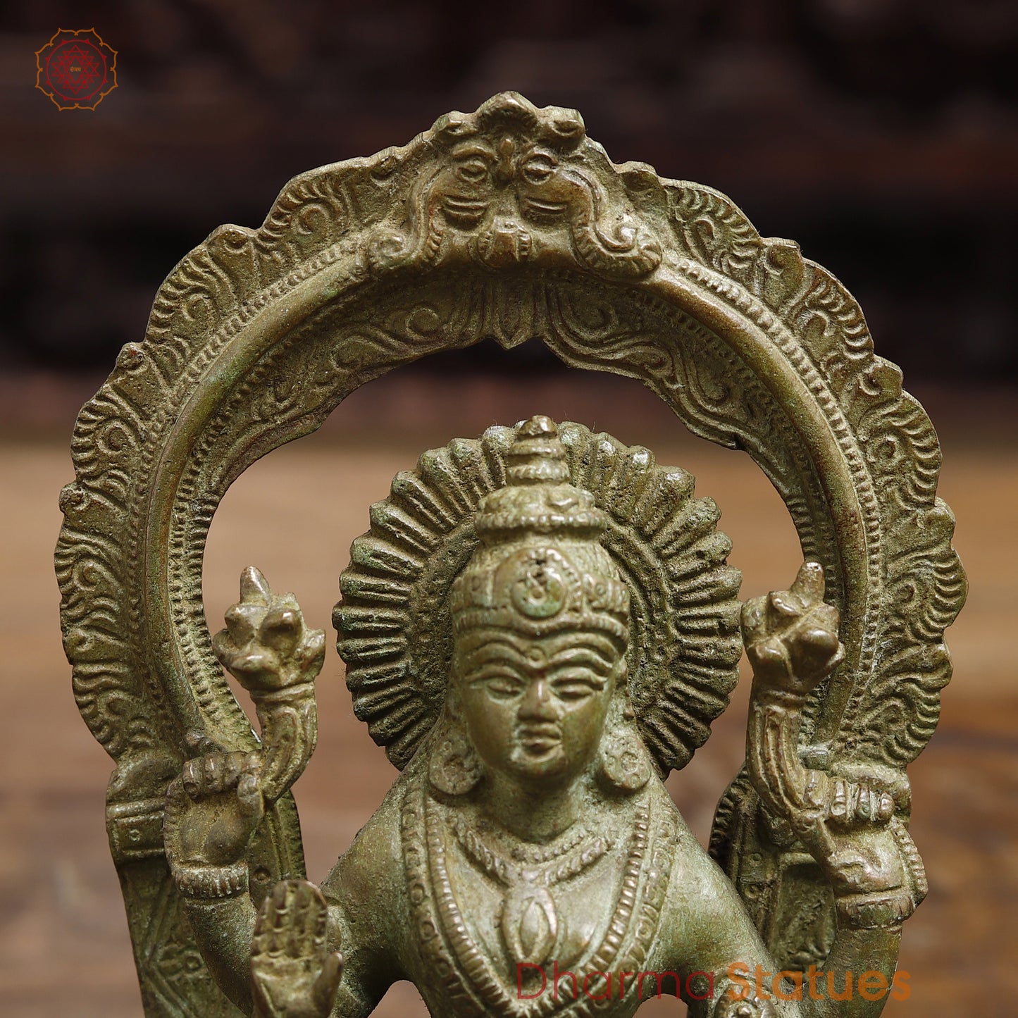 Brass Lakshmi seated in Blessing Posture, Green Patina Finish, 7.5"