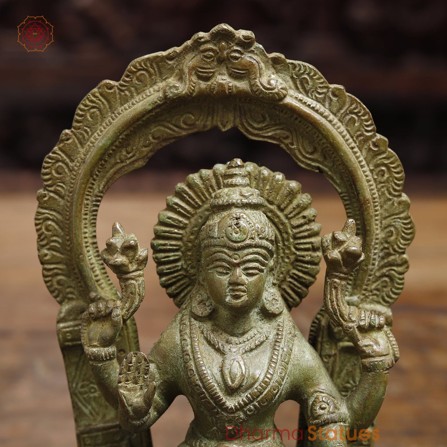 Brass Lakshmi seated in Blessing Posture, Green Patina Finish, 7.5"