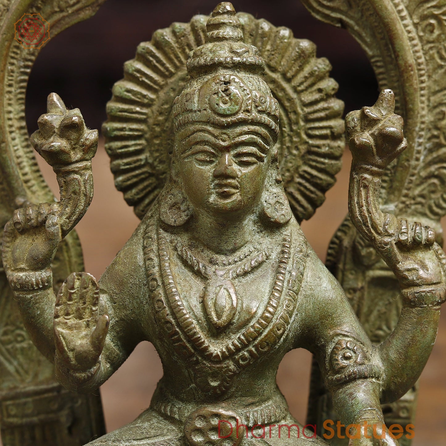 Brass Lakshmi seated in Blessing Posture, Green Patina Finish, 7.5"