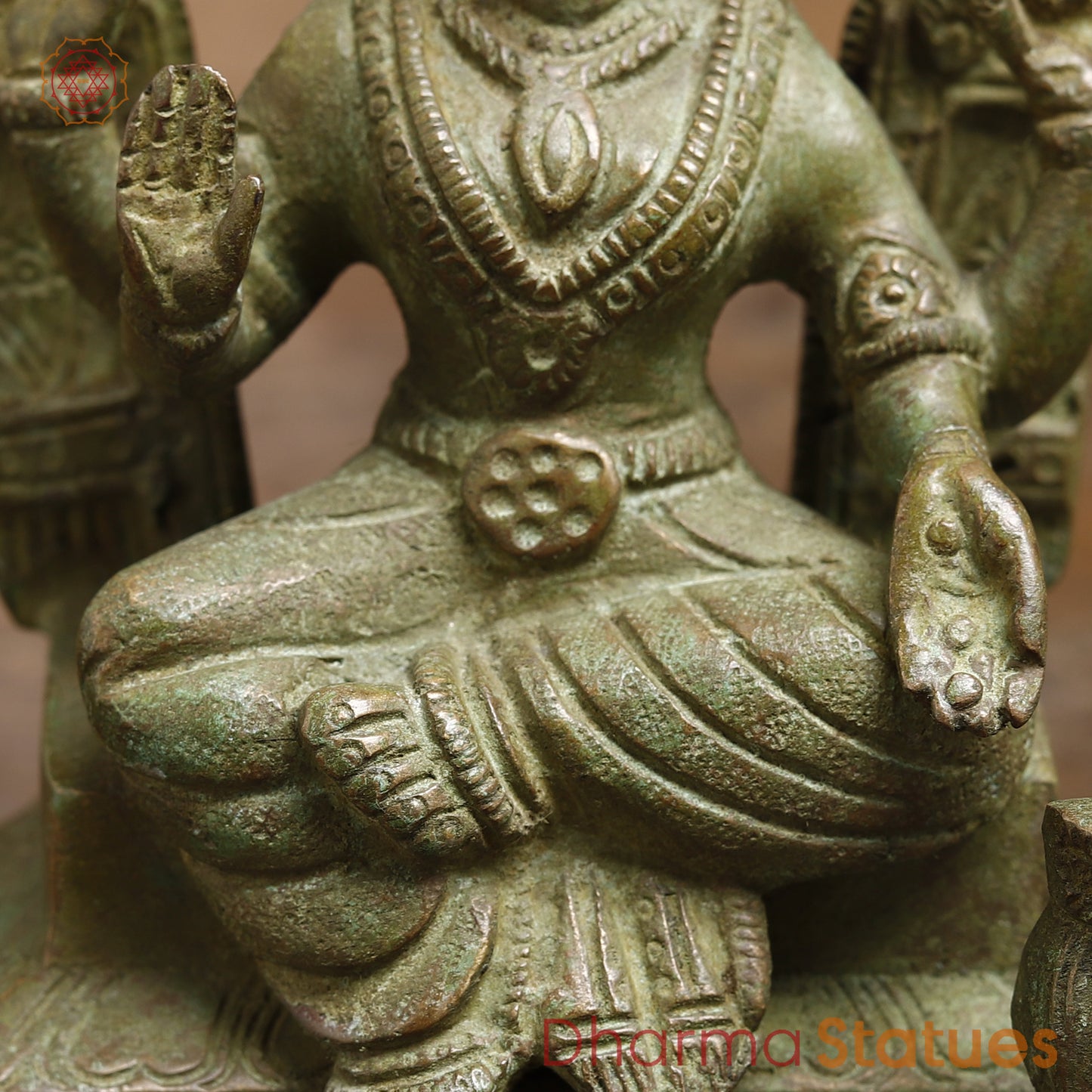 Brass Lakshmi seated in Blessing Posture, Green Patina Finish, 7.5"
