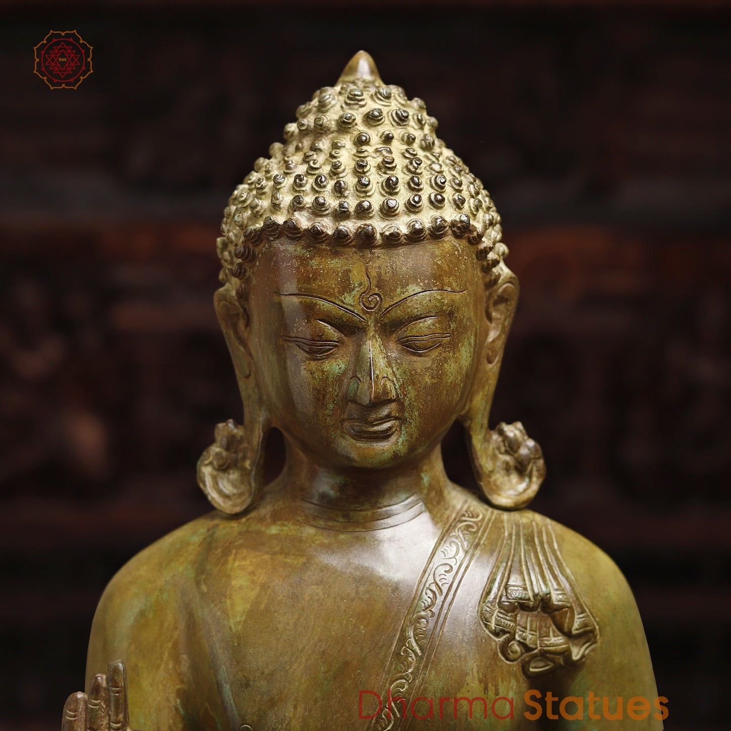 Meditating Brass Buddha Idol, Blessing Buddha, Antique Finish 20"