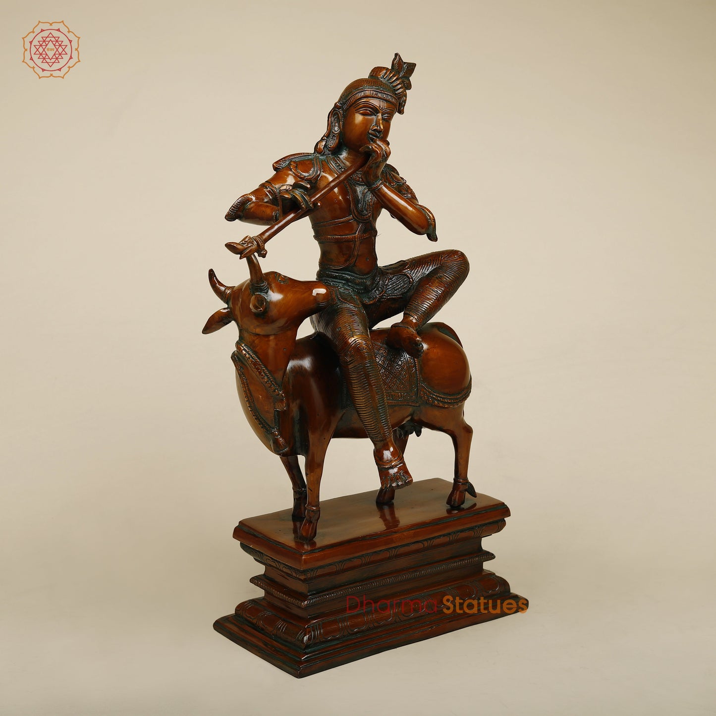 Brass Krishna Playing Flute on Cow, Copper Finish, 21"