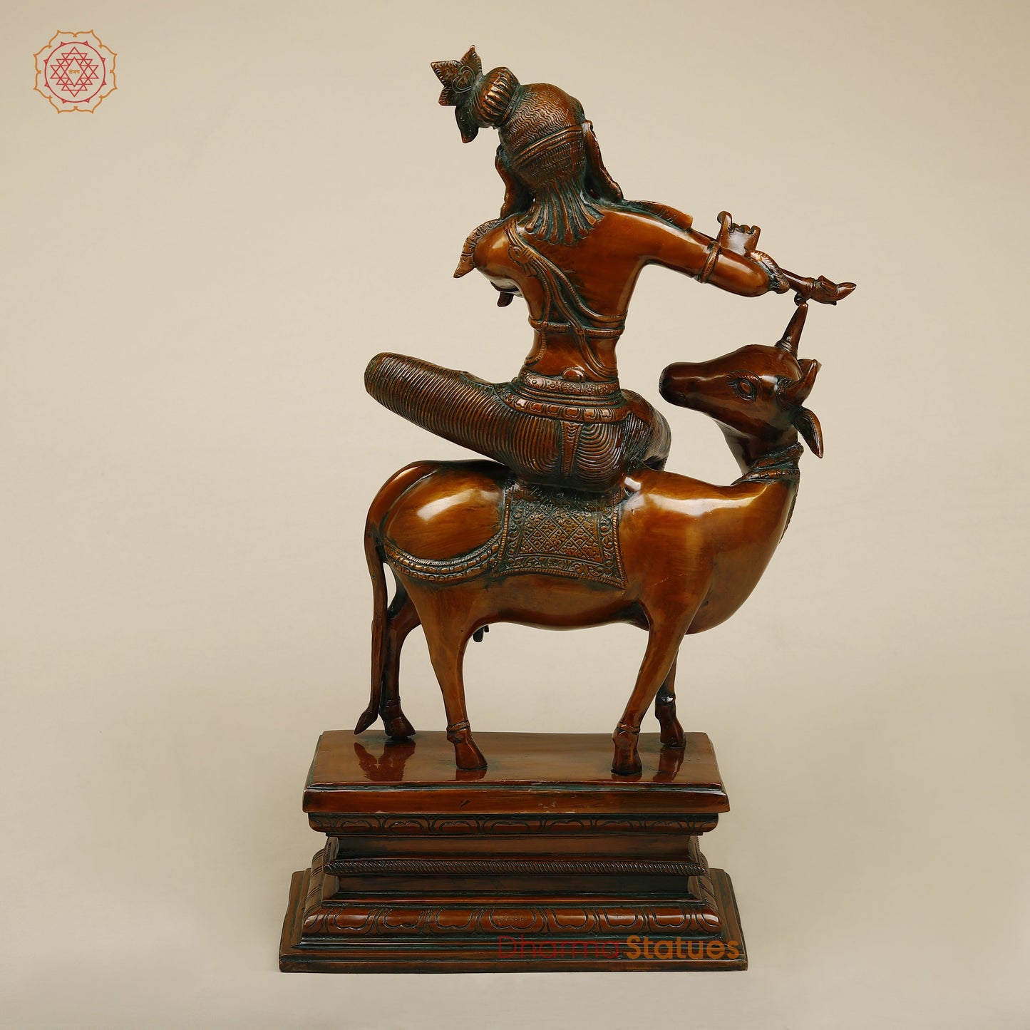Brass Krishna Playing Flute on Cow, Copper Finish, 21"