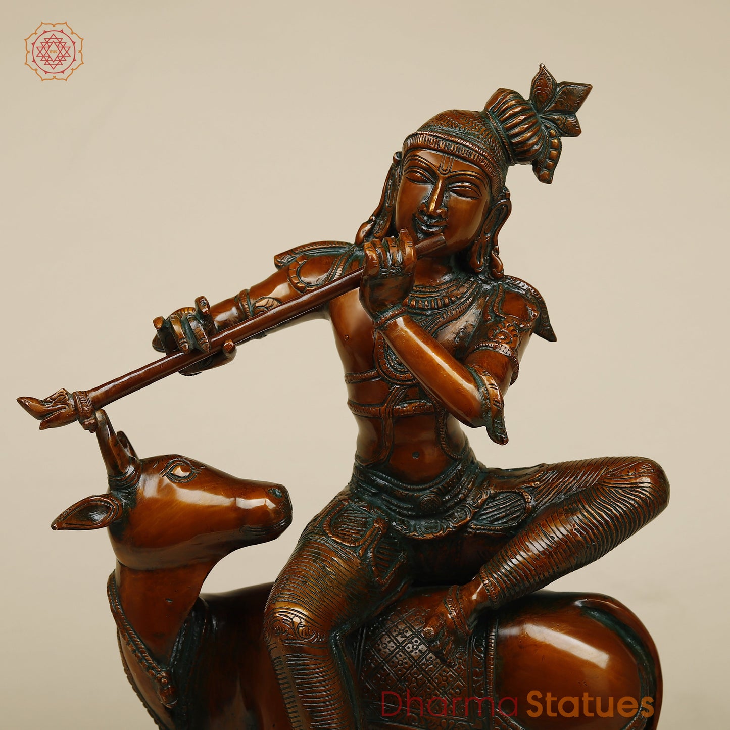 Brass Krishna Playing Flute on Cow, Copper Finish, 21"