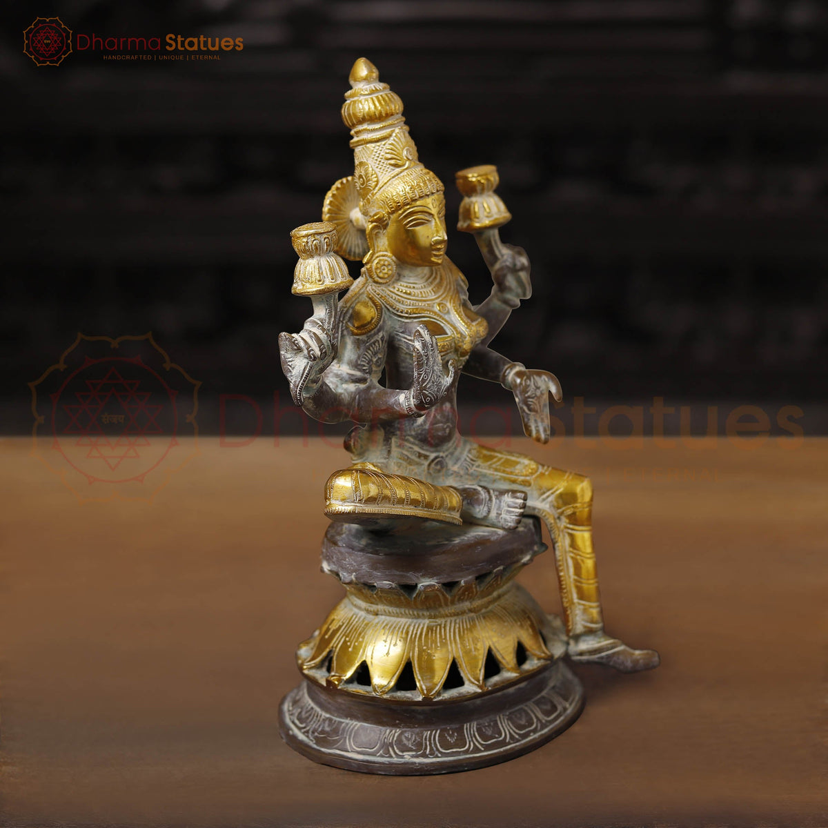 Brass Lakshmi Statue, Goddess of Wealth & Fortune, Antique Brown & Gold Finish 12"